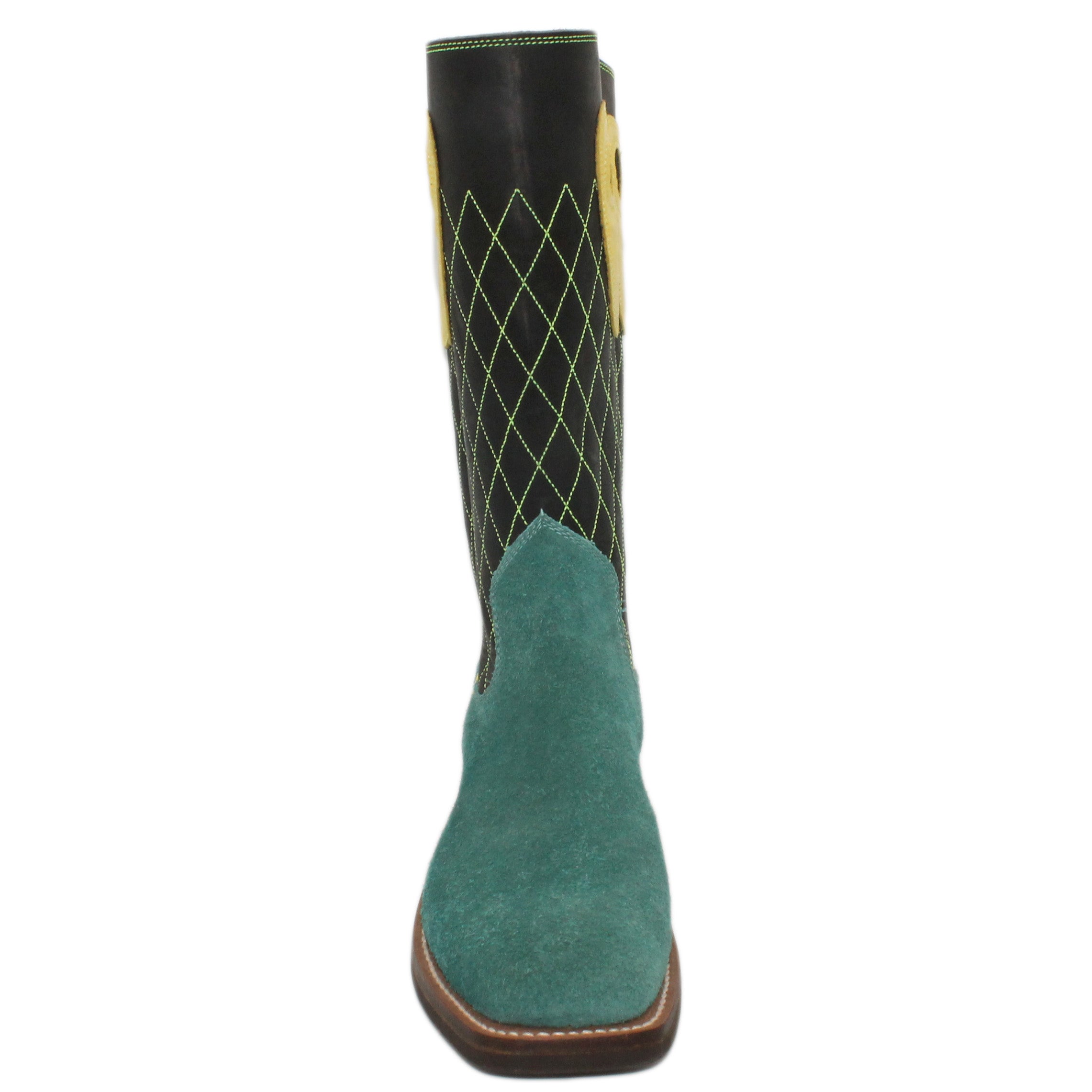 12" Black Upper w/ Diamond Stitching in Yellow
Turquoise Rough Out Steer Vamp
Wide French Square Toe
Block Heel