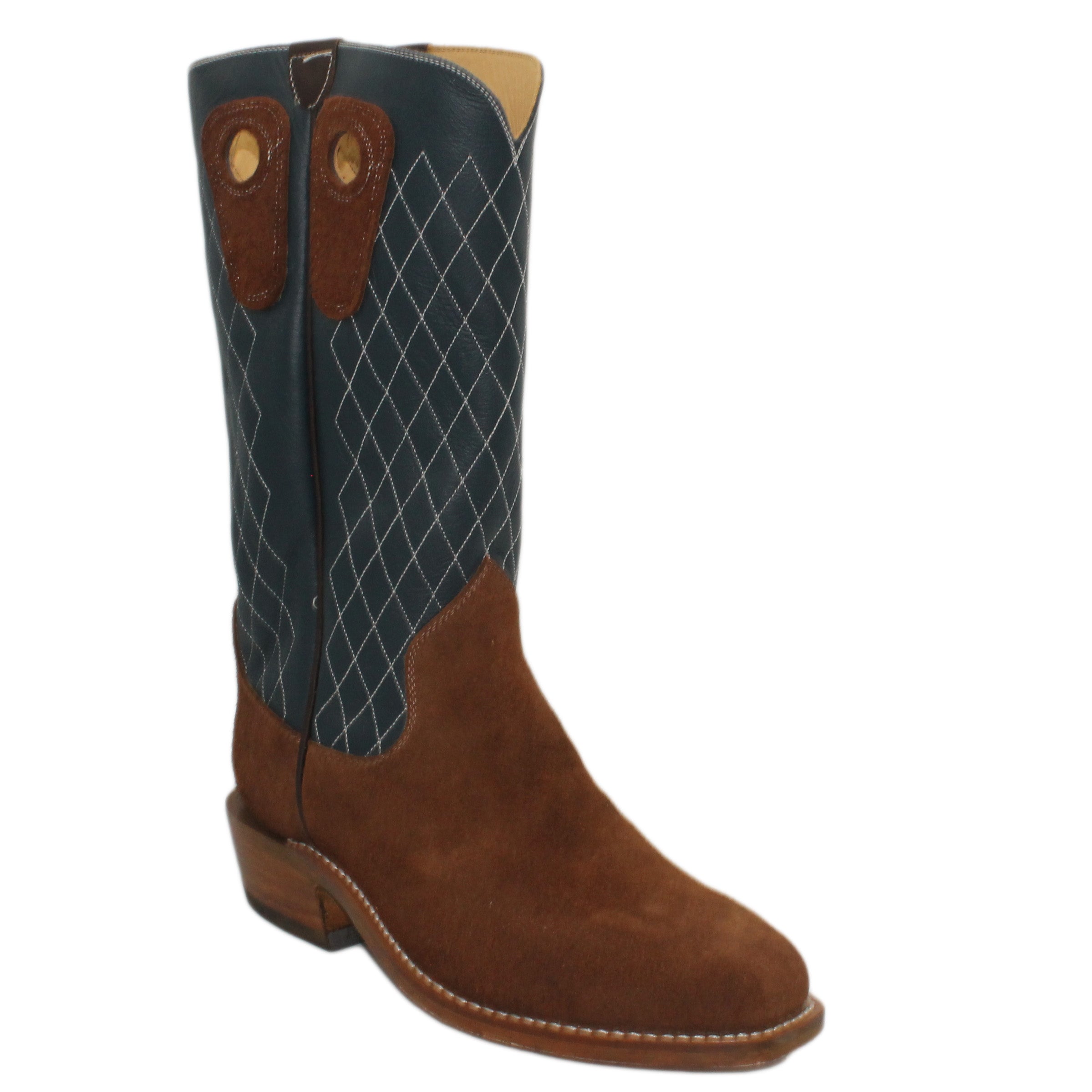 14" Blue Upper w/ Diamond Stitching
Brown Timberjack Rough Out Steer Vamp
Regular French Square Toe
Slightly Tapered Heel