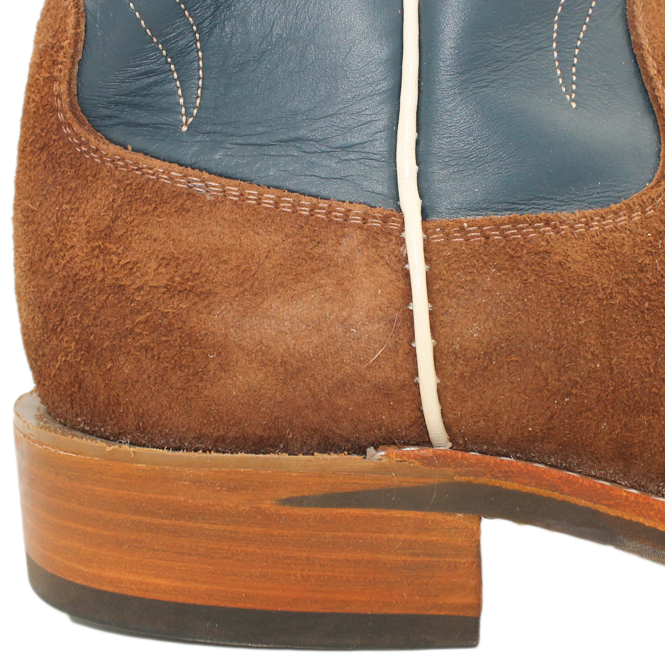 14" Blue Upper w/ Elkhorn Stitching
Brown Timberjack Rough Out Steer Vamp
Wide French Square Toe
Block Heel