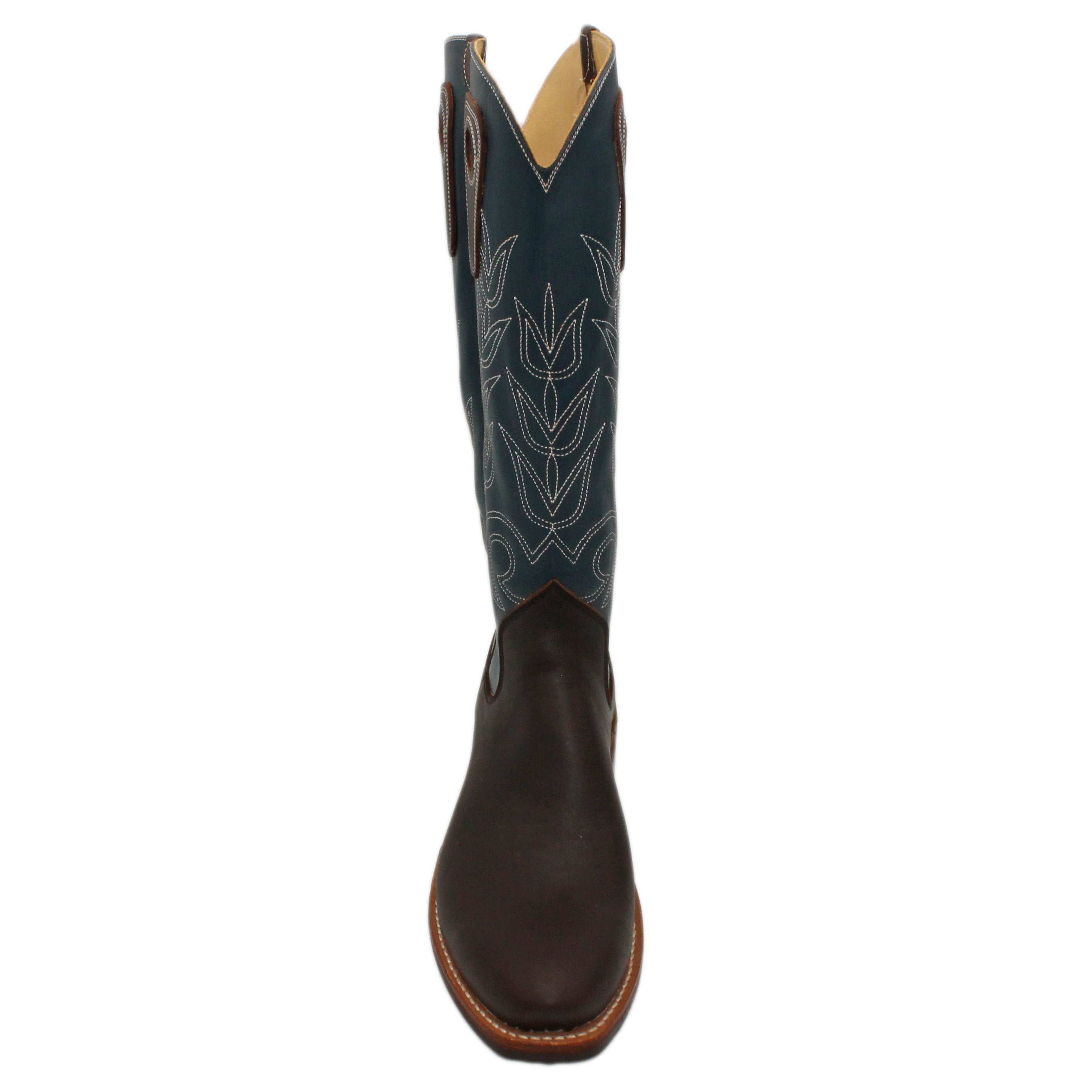 16" Blue Upper w/ Tulip Stitching
Brown Timberjack Steer Vamp
Regular Forties Toe
Slightly Tapered Heel
