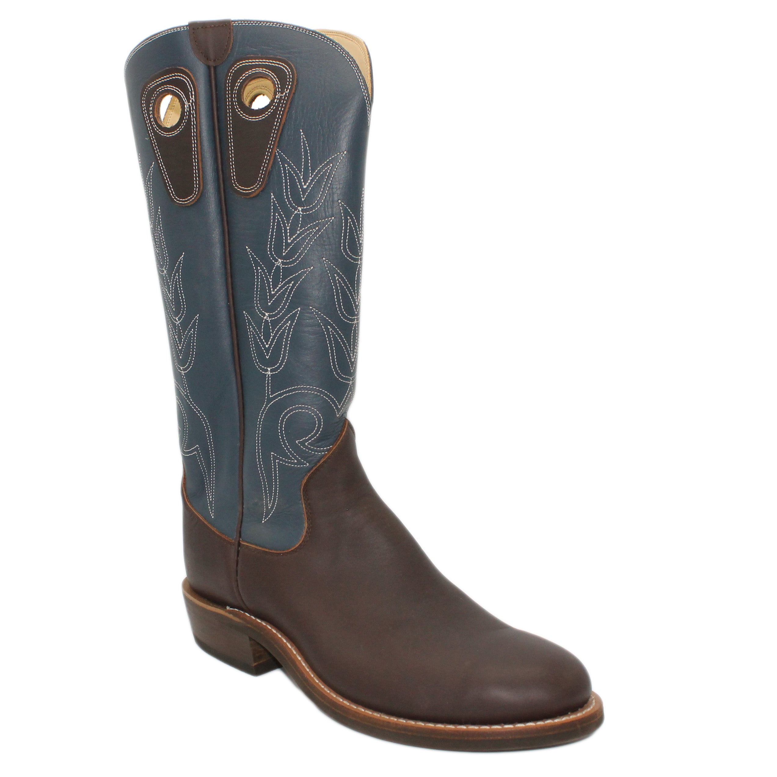 16" Blue Upper w/ Tulip Stitching
Brown Steer Vamp
Regular Round Toe
Slightly Tapered Heel