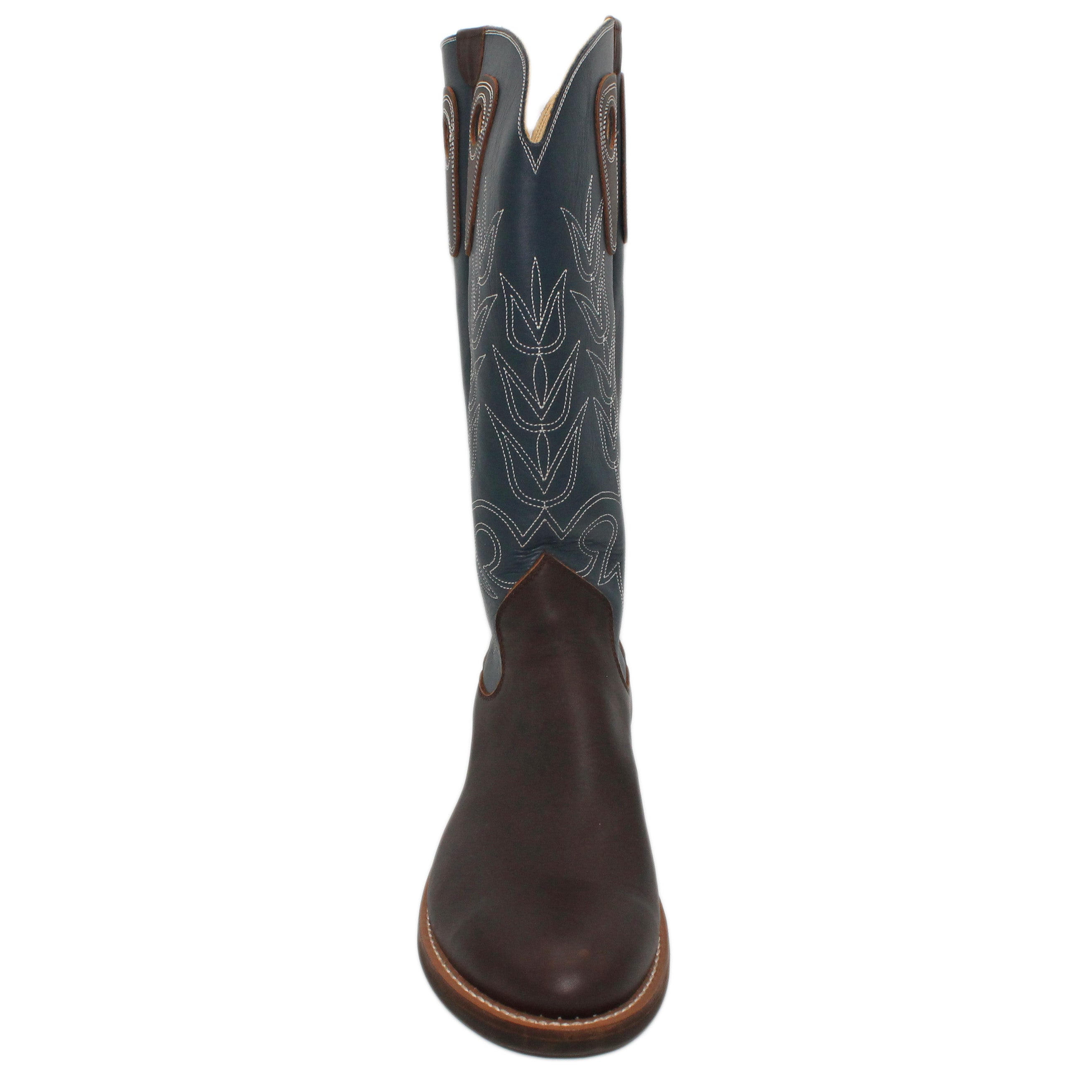 16" Blue Upper w/ Tulip Stitching
Brown Steer Vamp
Regular Round Toe
Slightly Tapered Heel