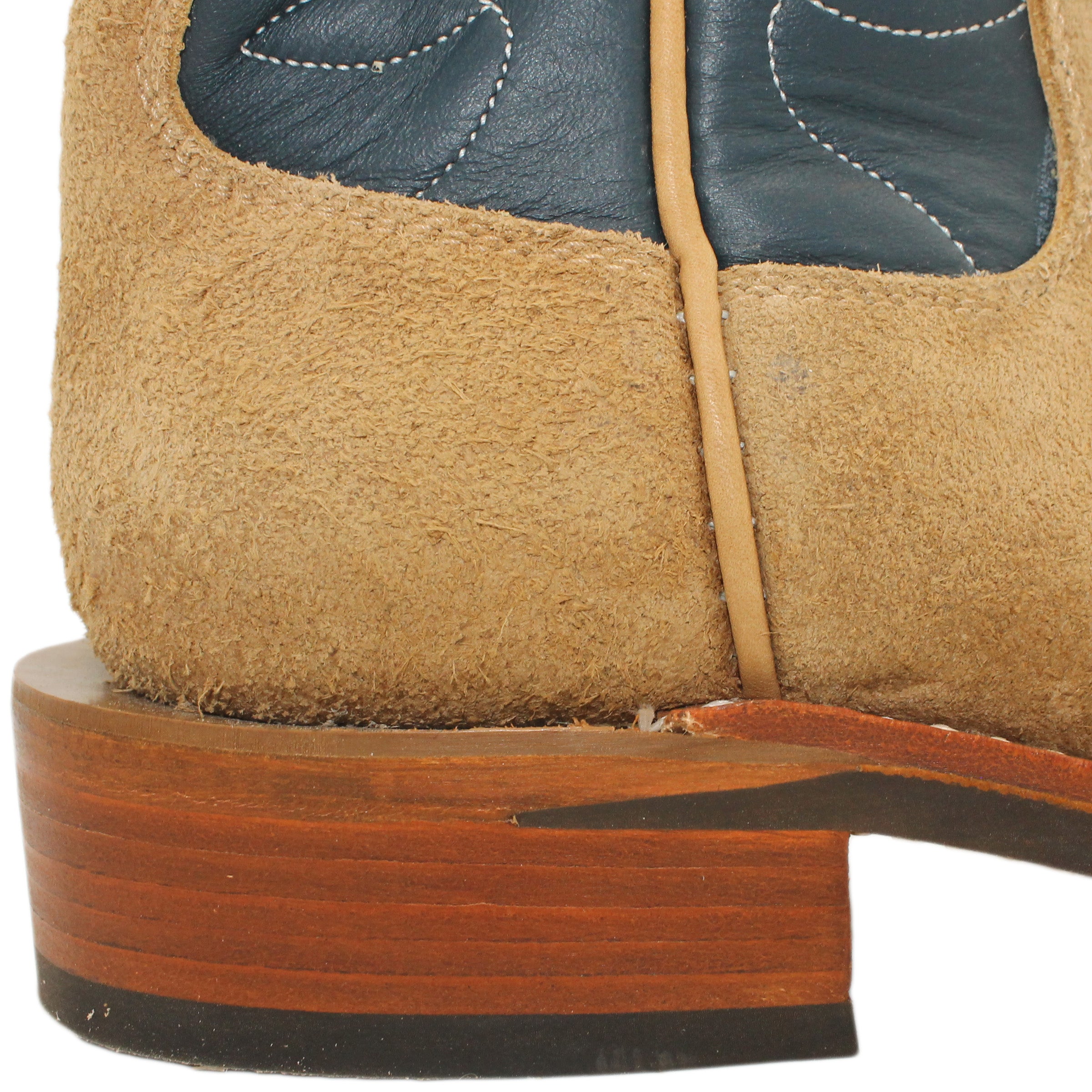 12" Blue upper w/ Loops Stitching
Buckskin Rough Out Steer Vamp
Regular French Square Toe
Block Heel