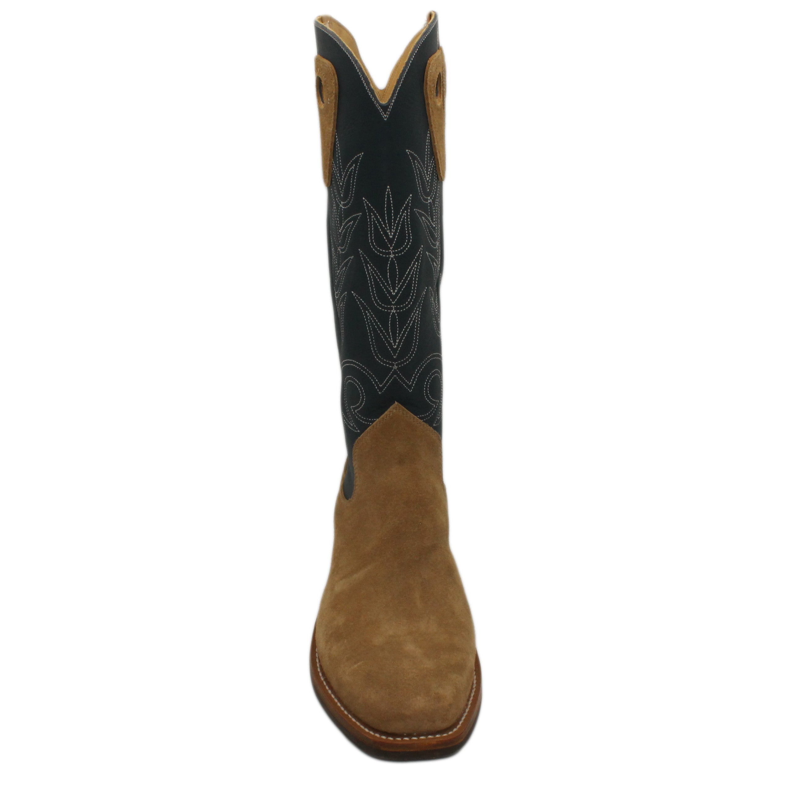 16" Blue Uppers w/ Tulip Stitching
Buckskin Rough Out Steer Vamp
Regular French Square Toe
Extreme Underslung Heel