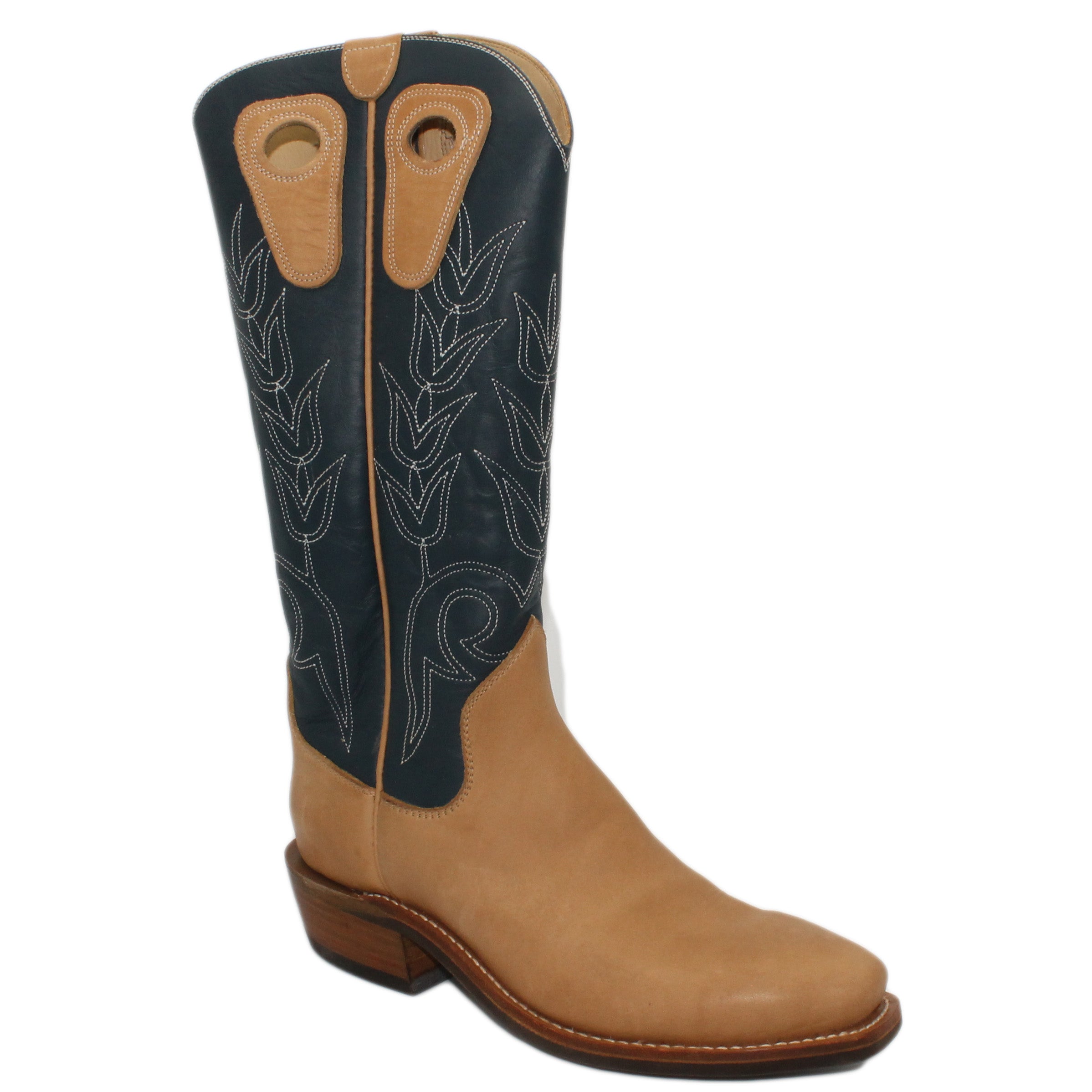 16" Blue Uppers w/ Tulip Stitching
Buckskin Steer Vamp
Regular Forties Square Toe
Slightly Tapered Heel