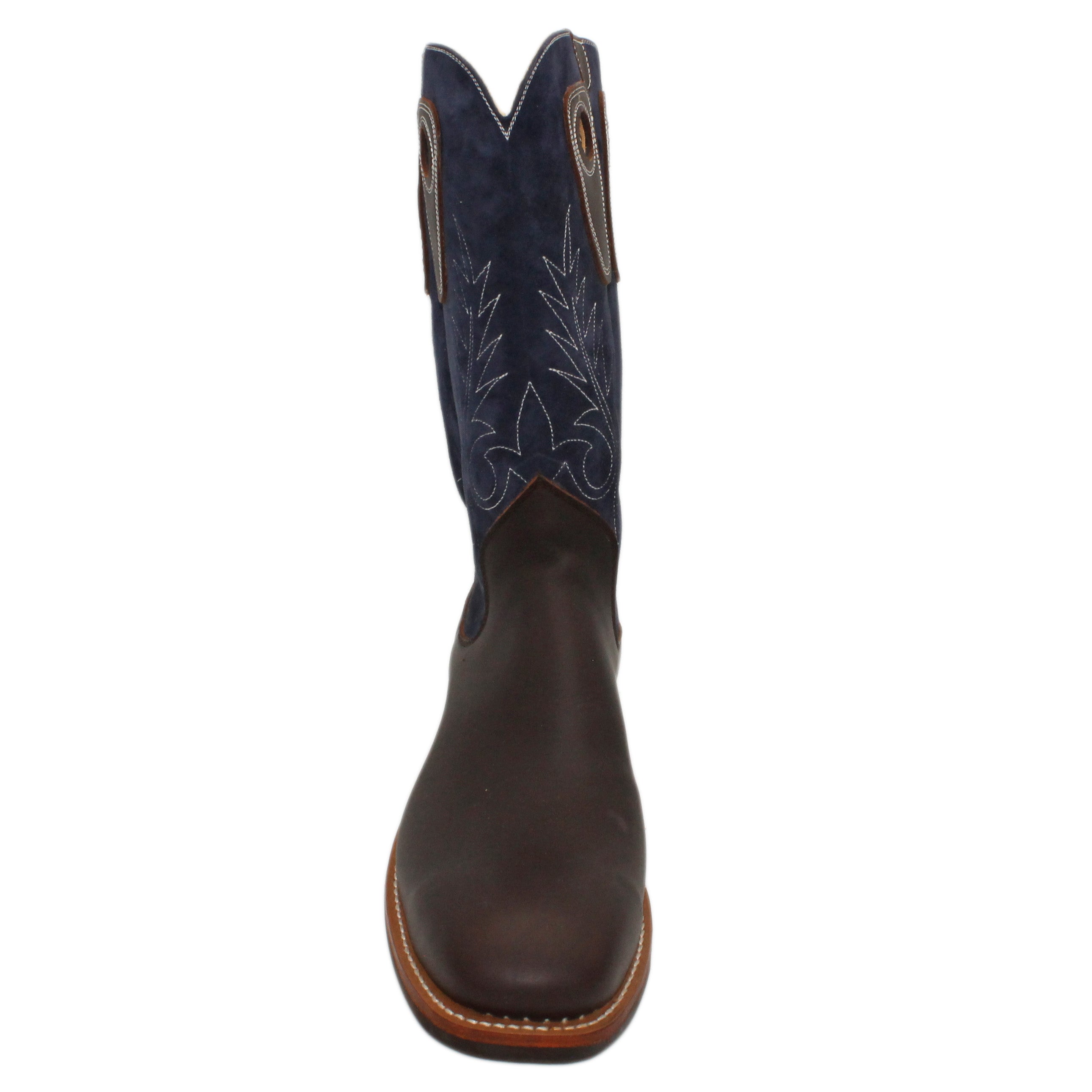 14" Blue Pigskin Upper w/ Beck Classic Stitching
Brown Timberjack Smooth Steer Vamp
Wide French Square Toe
Slightly Tapered Heel