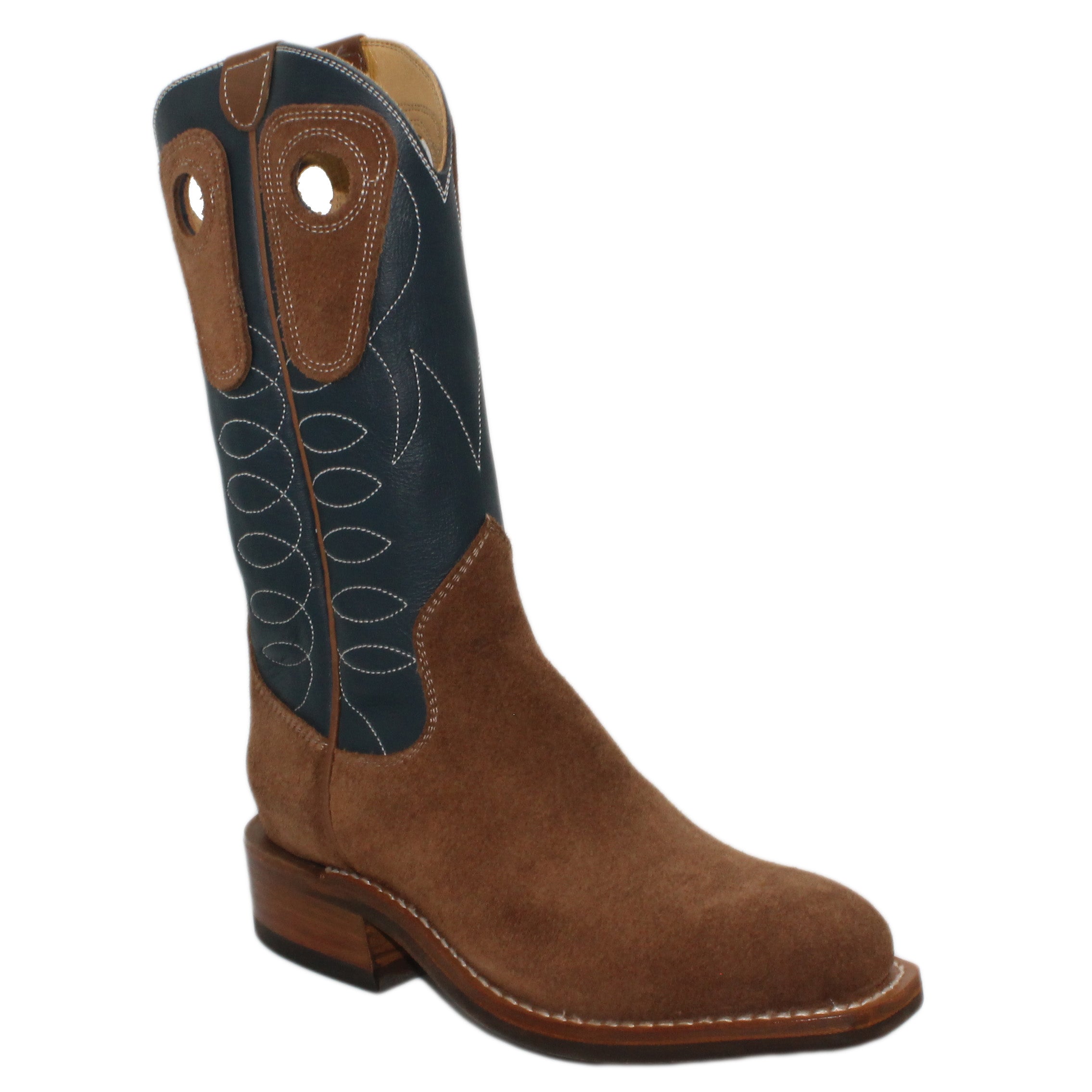 12" Blue Upper w/ Loops Stitching
Saddle Timberjack Steer Rough Out Vamp
Regular French Square Toe
Block Heel