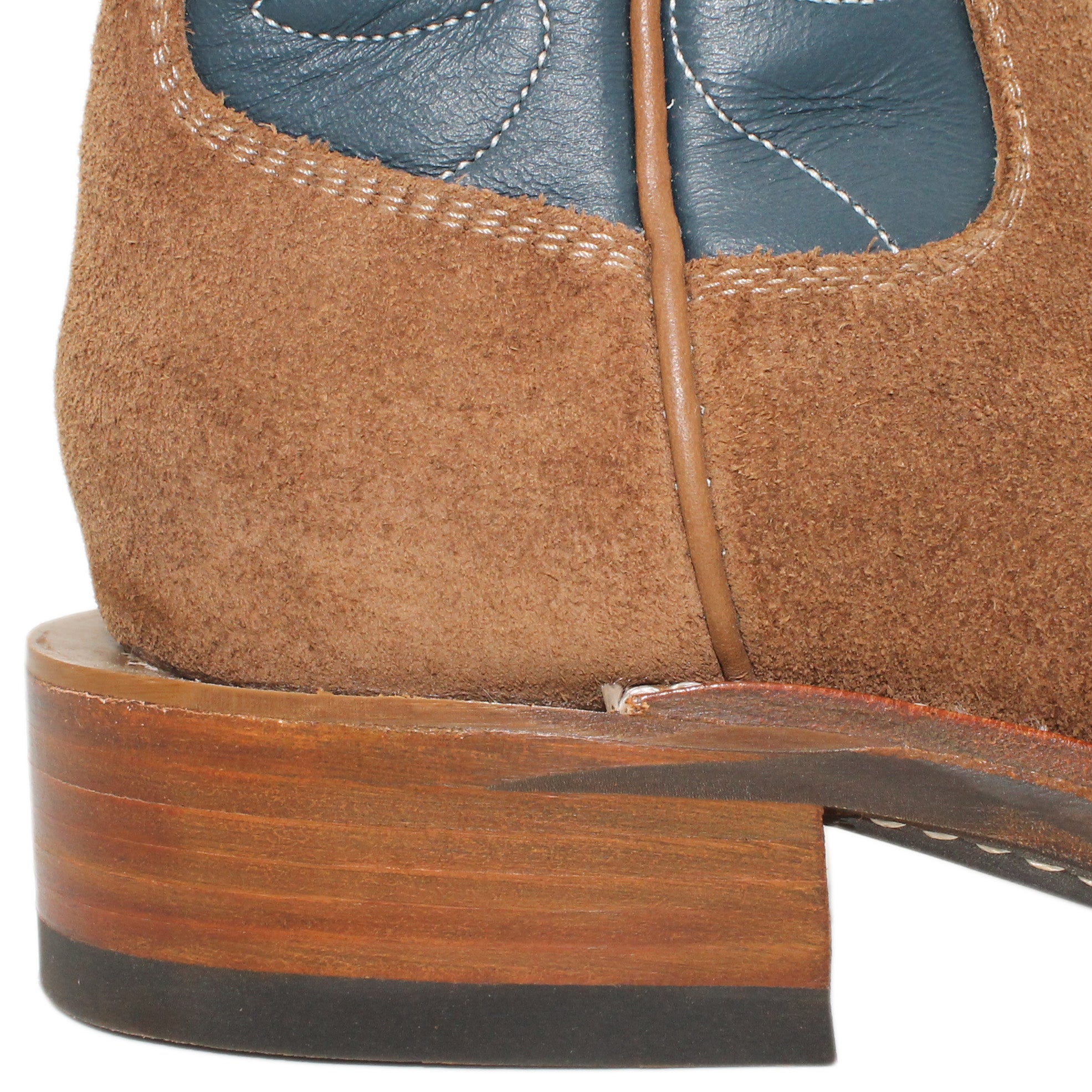 12" Blue Upper w/ Loops Stitching
Saddle Timberjack Steer Rough Out Vamp
Regular French Square Toe
Block Heel