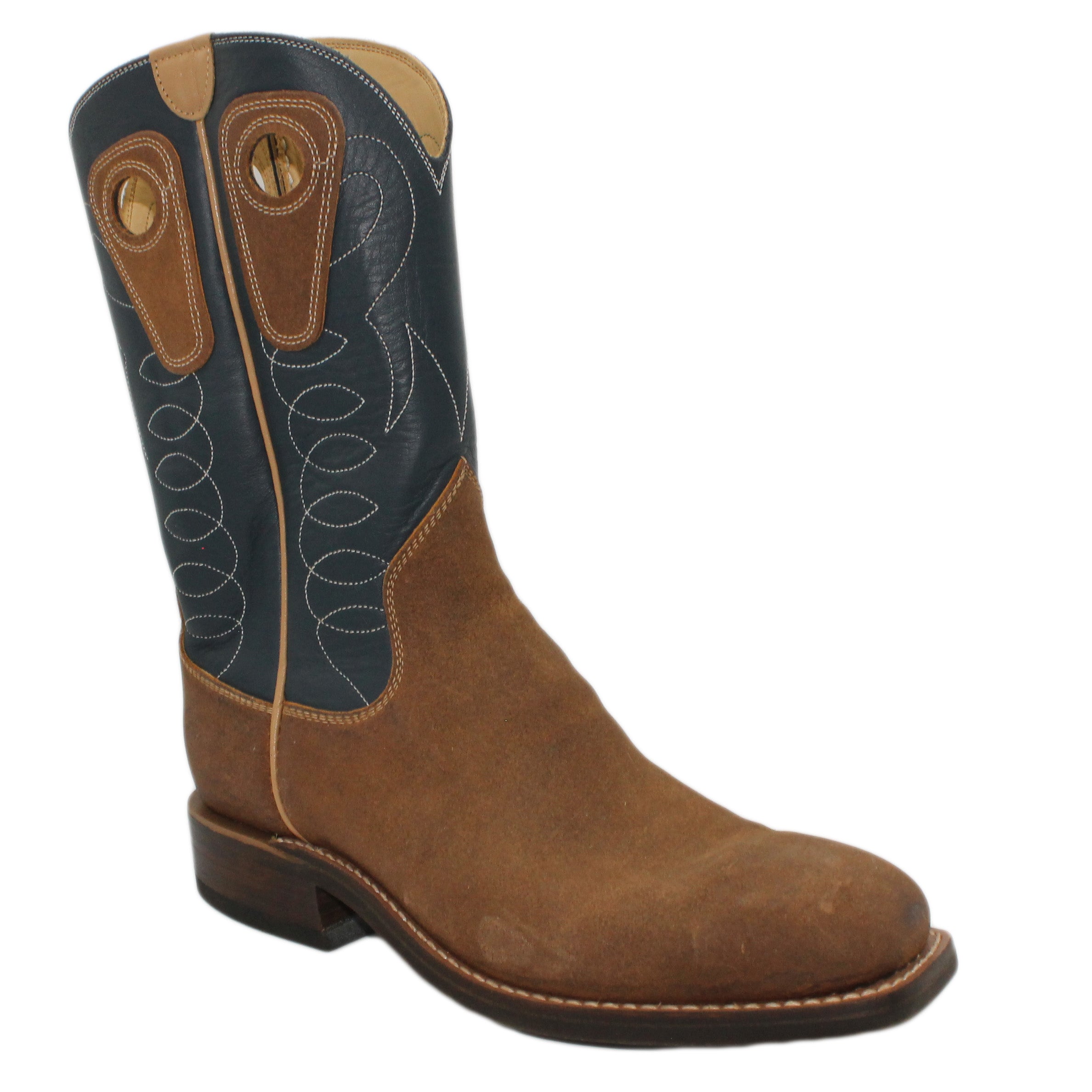 12" Blue upper w/ Loops Stitching
Waxed Rough Out Steer Vamp
Wide French Square Toe
Block Heel