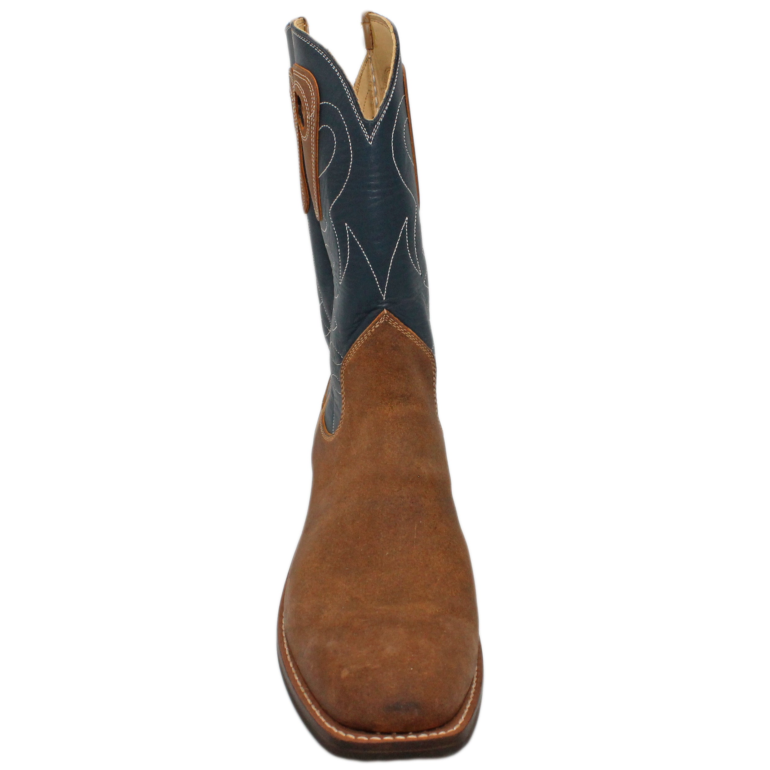 12" Blue upper w/ Loops Stitching
Waxed Rough Out Steer Vamp
Wide French Square Toe
Block Heel
