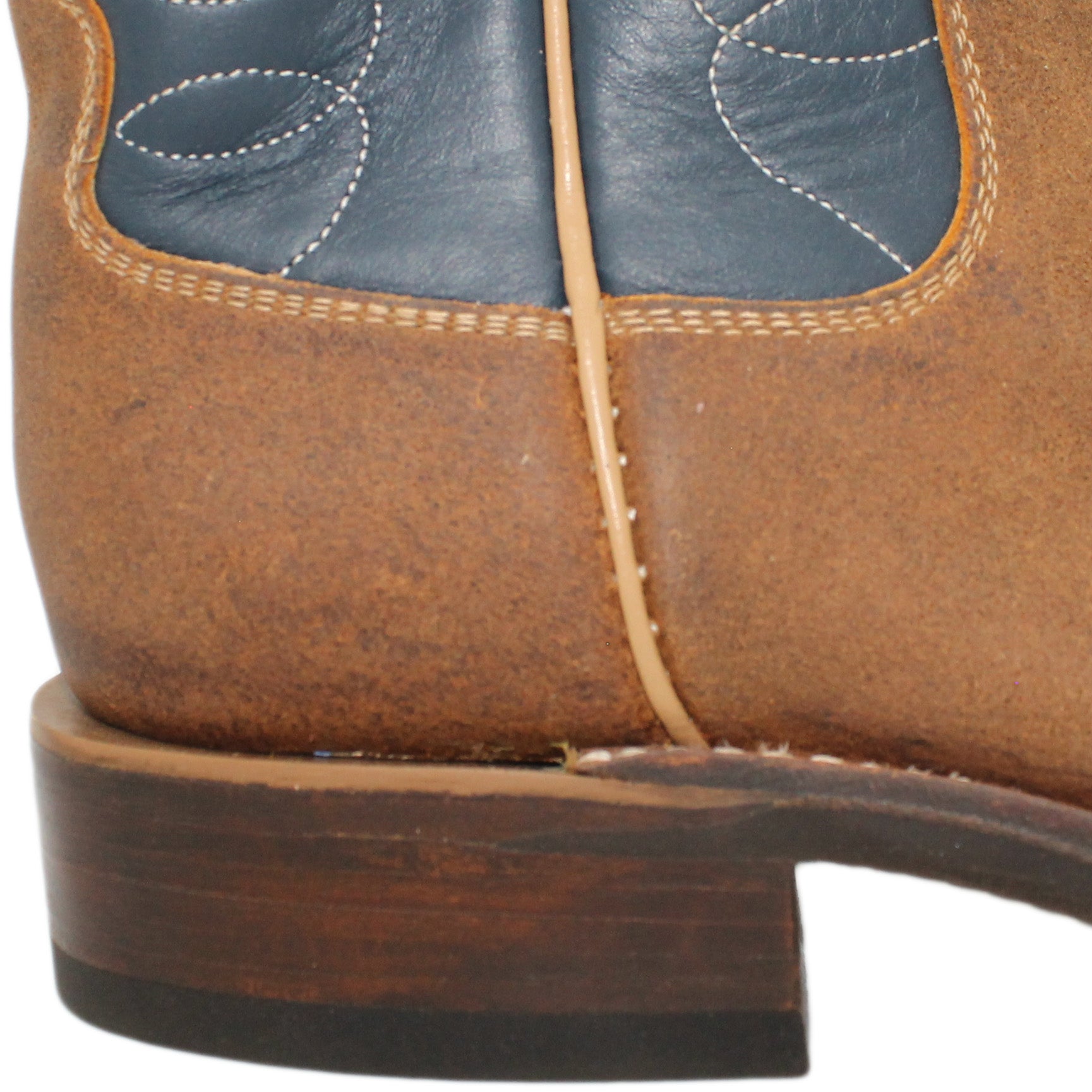 12" Blue upper w/ Loops Stitching
Waxed Rough Out Steer Vamp
Wide French Square Toe
Block Heel