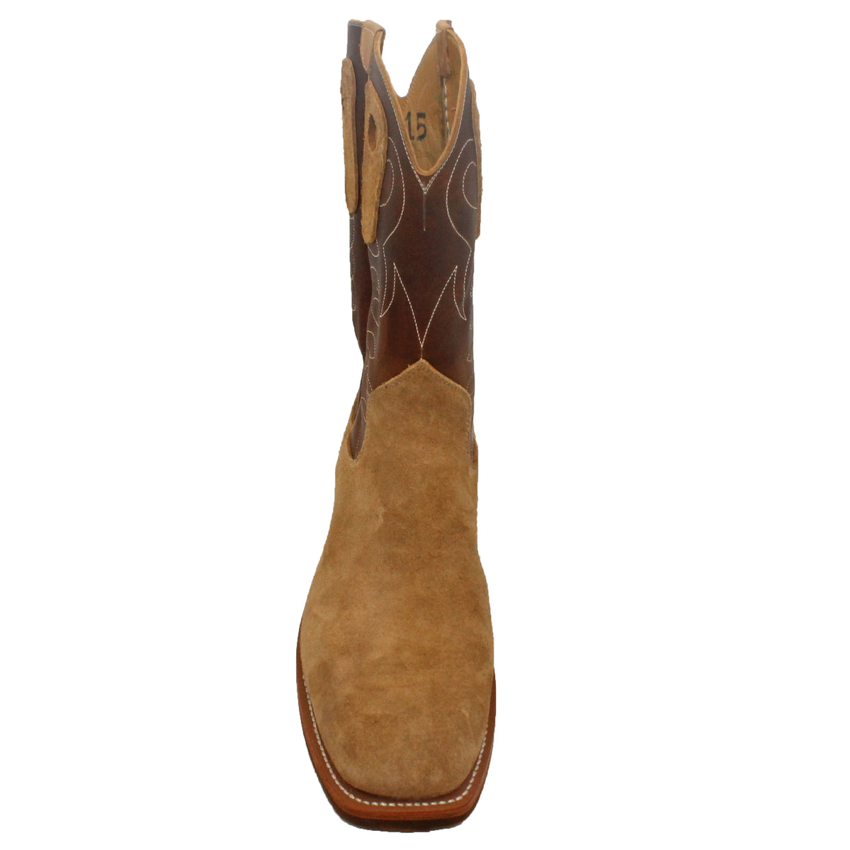 12" Brown Upper w/ Loops Stitching
Buckskin Rough Out Steer Vamp
Wide French Square Toe
Slightly Tapered Heel