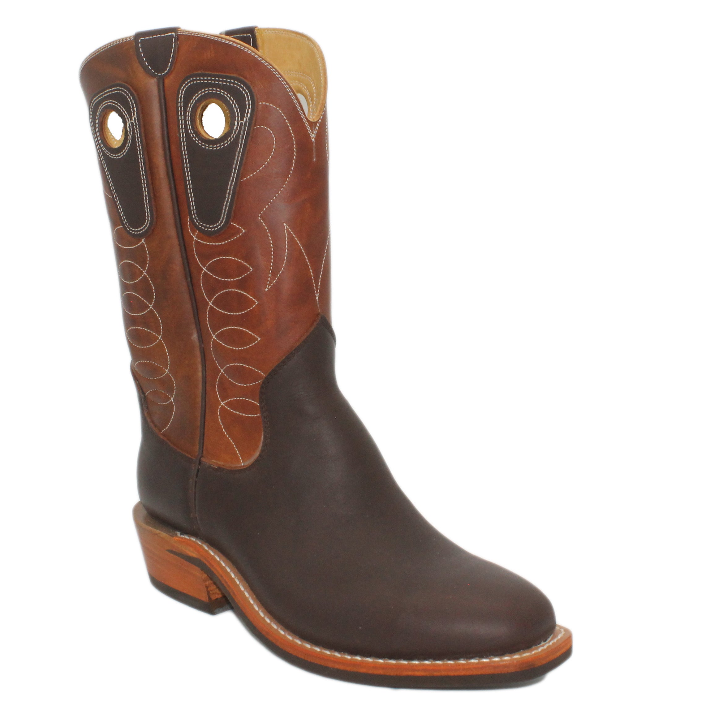 12" Brown Upper w/ Loops Stitching
Brown Timberjack Steer Vamp
Regular French Square Toe
Slightly Tapered Heel