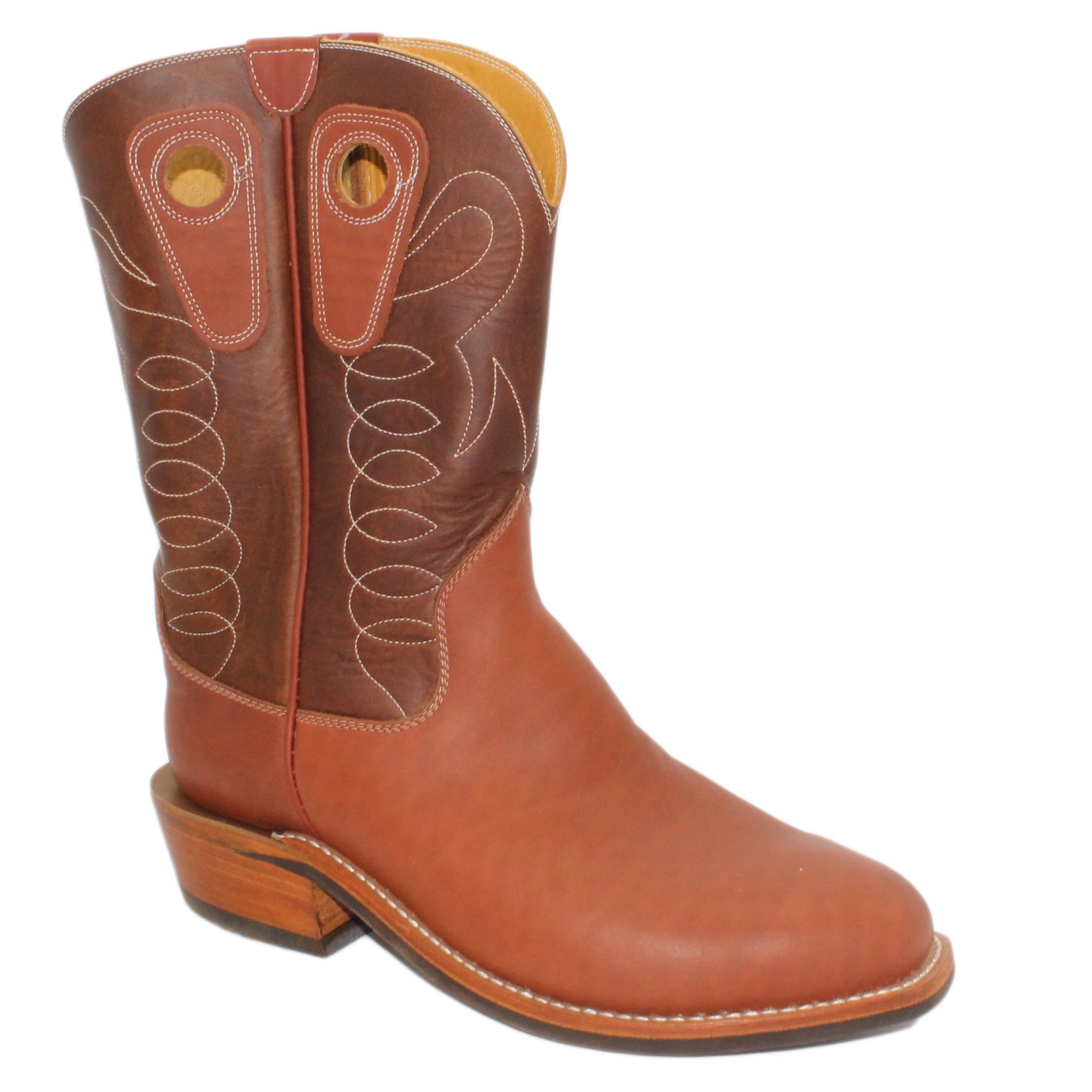 12" Brown Upper w/ Loops Stitching
Tan Timberjack Steer Vamp
Regular French Square Toe
Slightly Tapered Heel