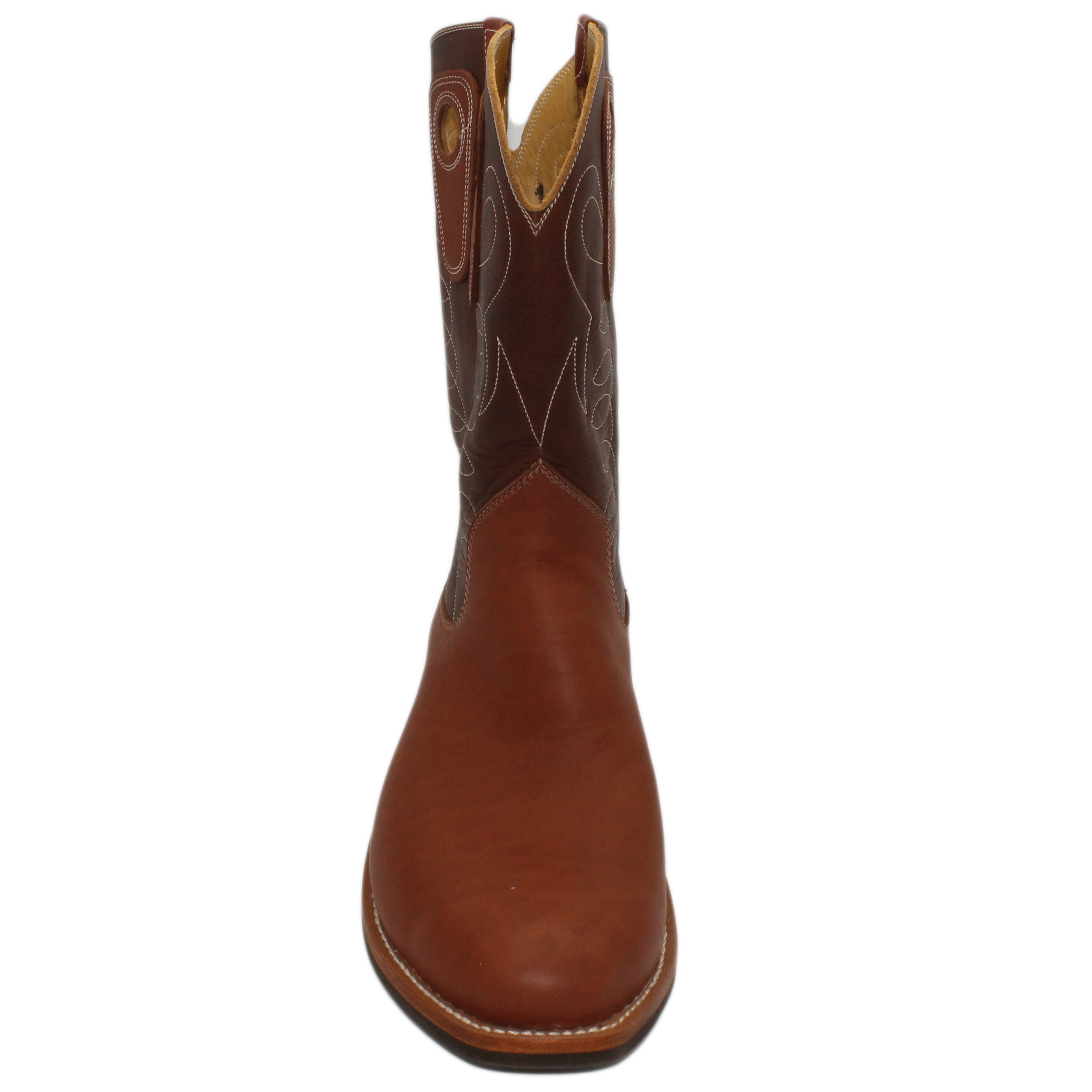 12" Brown Upper w/ Loops Stitching
Tan Timberjack Steer Vamp
Regular French Square Toe
Slightly Tapered Heel