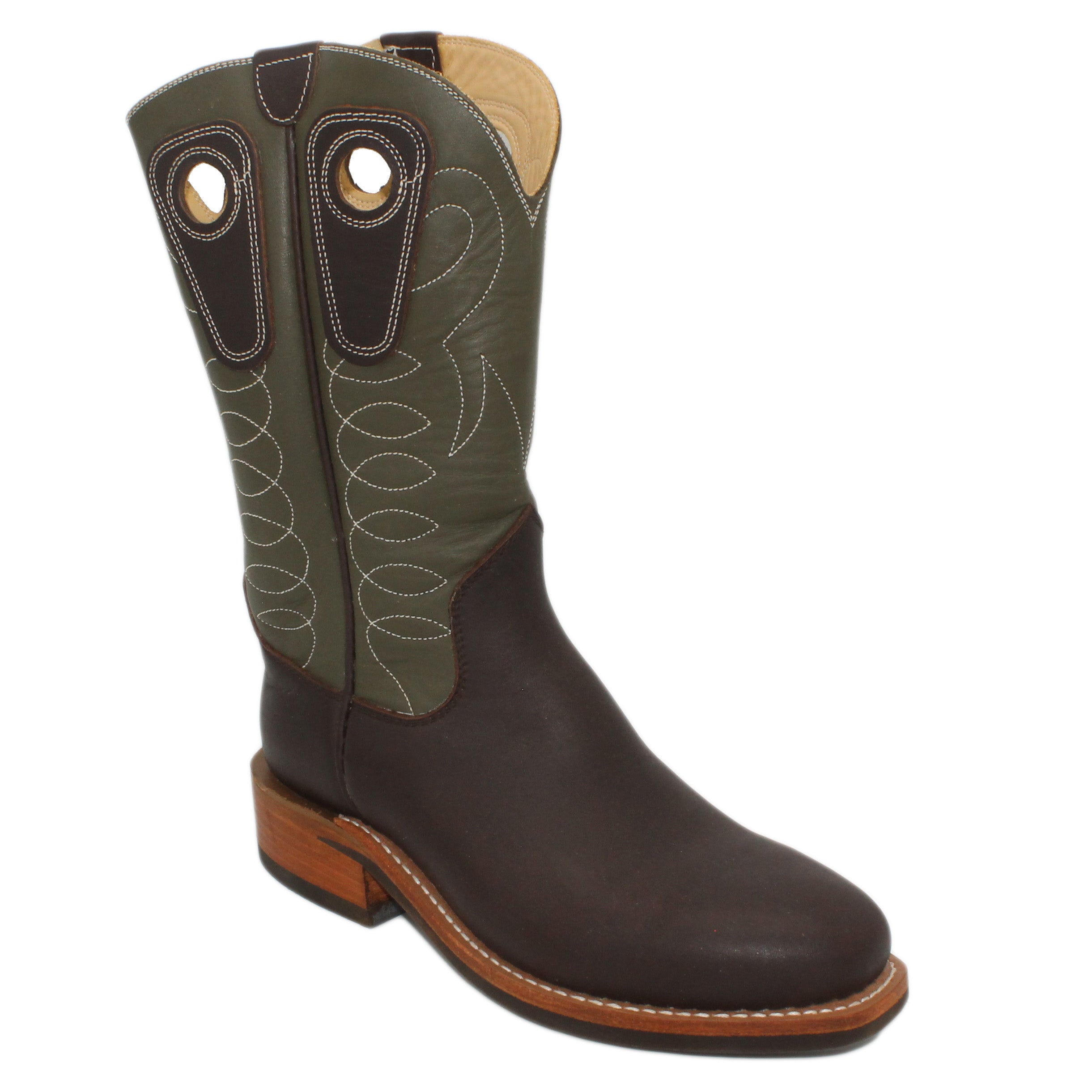 12" Forest Upper w/ Loops Stitching
Brown Timberjack Steer Vamp
Regular French Square Toe
Block Heel