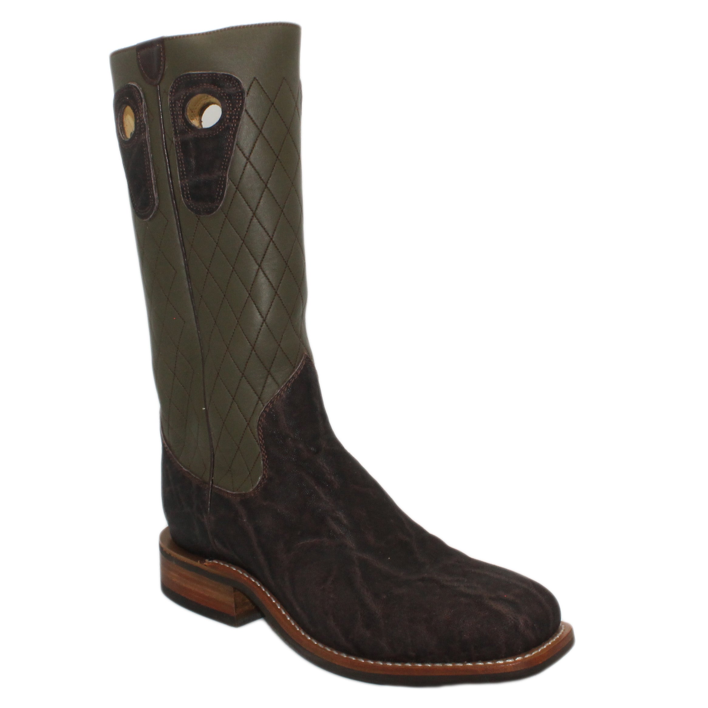 14" Forest upper w/ Diamond Stitching
Vintage Nicotine Elephant Vamp
Wide French Square Toe
Block Heel