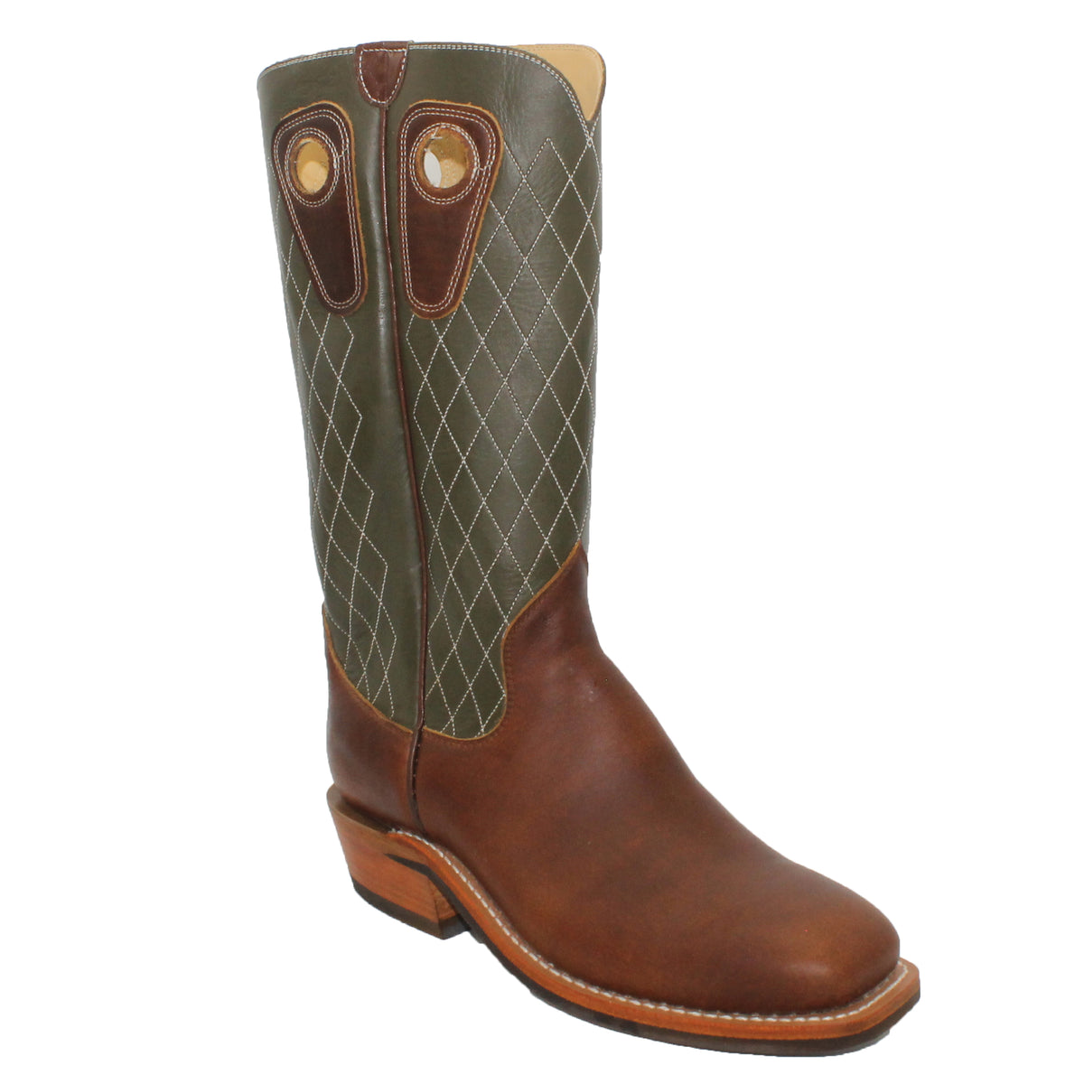 14" Forest Upper w/ Diamond Stitching
Oil Tan Brown Steer Vamp
Wide French Square Toe
Slightly Tapered Heel