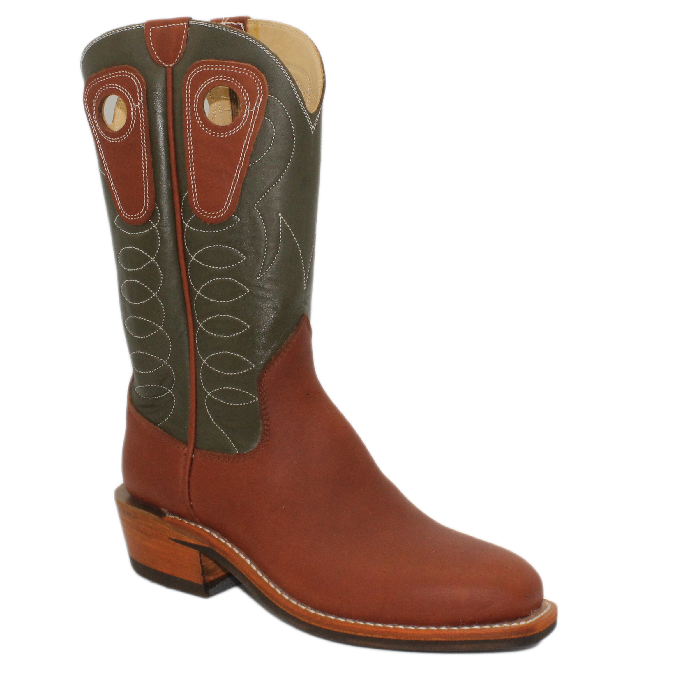 12" Forest Upper w/ Loops Stitching
Tan Timberjack Steer Vamp
Regular French Square Toe
Slightly Tapered Heel
