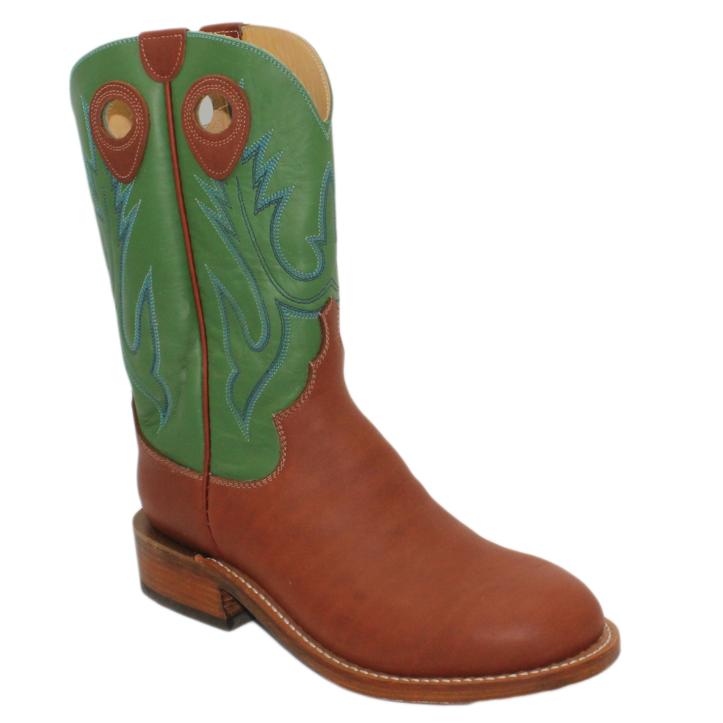 12" Green upper w/ Beck 5 Row Stitching
Tan Timberjack Steer Vamp
Wide Round Toe
Block Heel
Leather Sole
