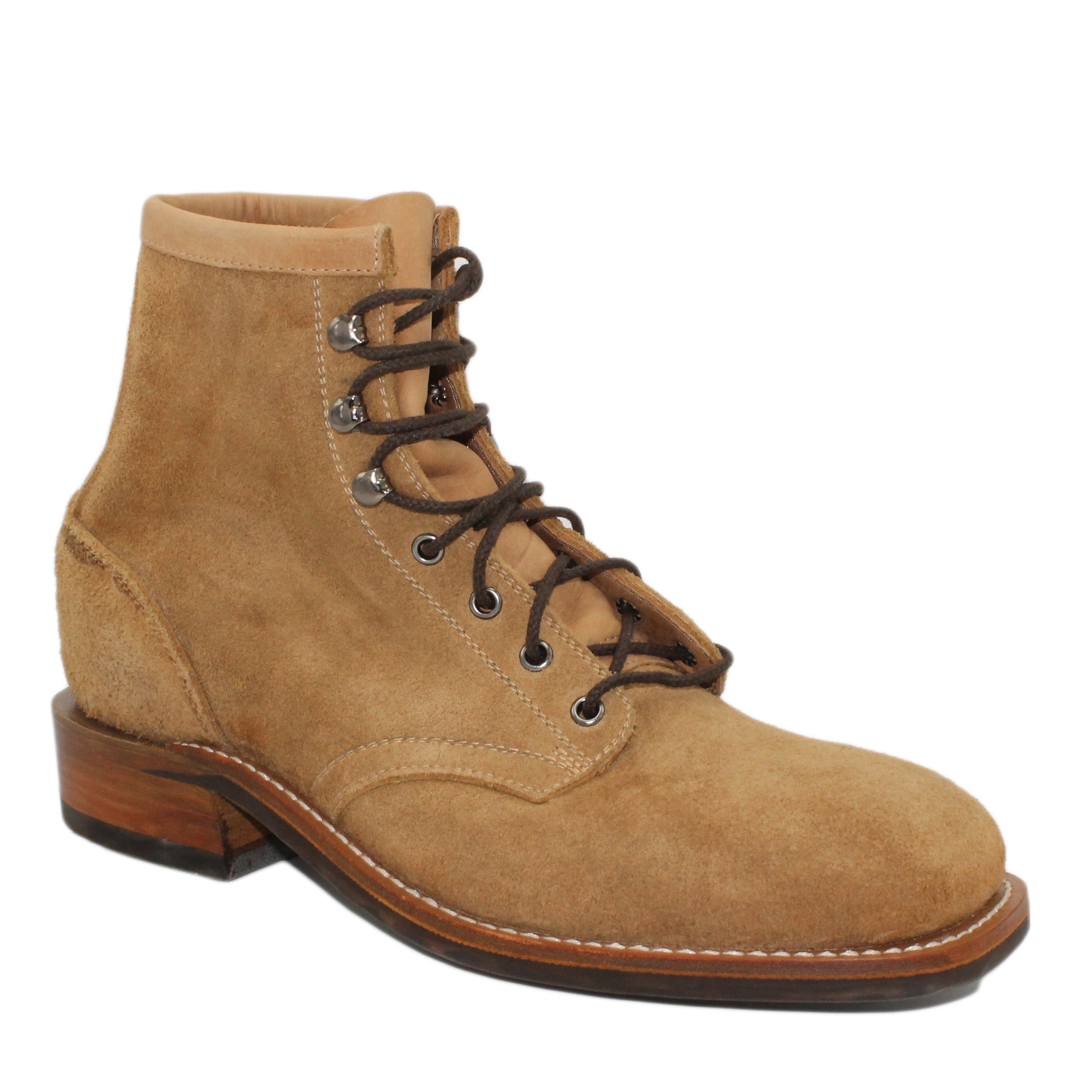 6" Lace-Up
Buckskin Rough Out Steer
Wide French Square Toe
Block Heel