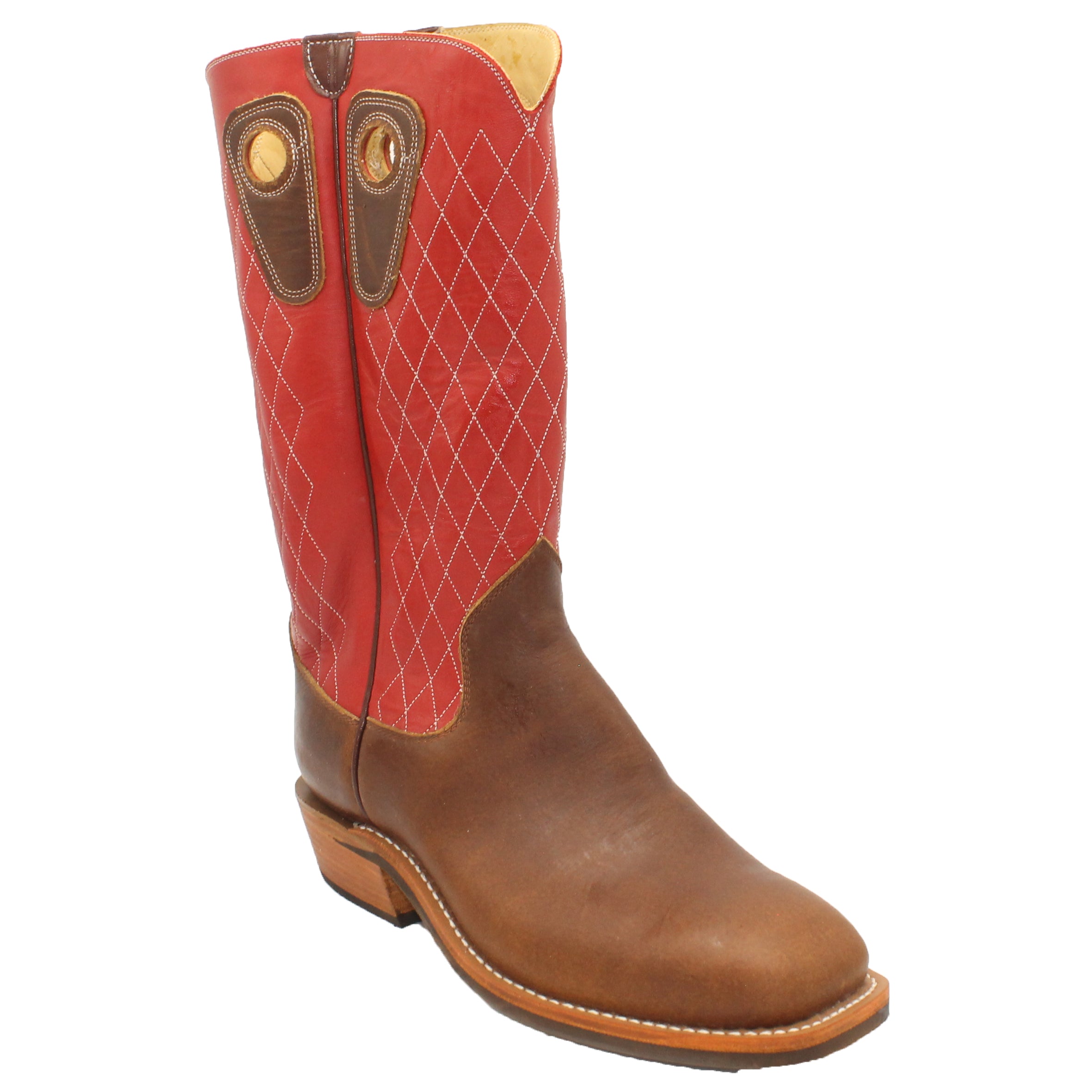 14" Red Upper w/ Diamond Stitching
Oil Tan Steer Vamp
Wide French Square Toe
Slightly Tapered Heel