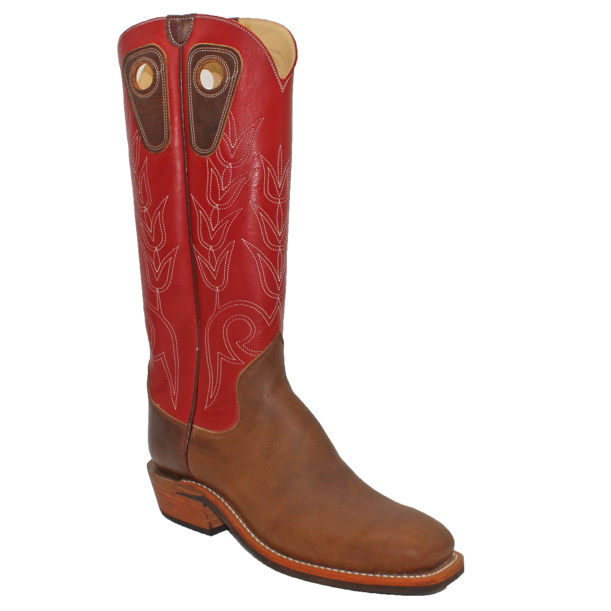 16" Red Uppers w/ Tulip Stitching
Oil Tan Steer Vamp
Wide French Square Toe
Slightly Tapered Heel