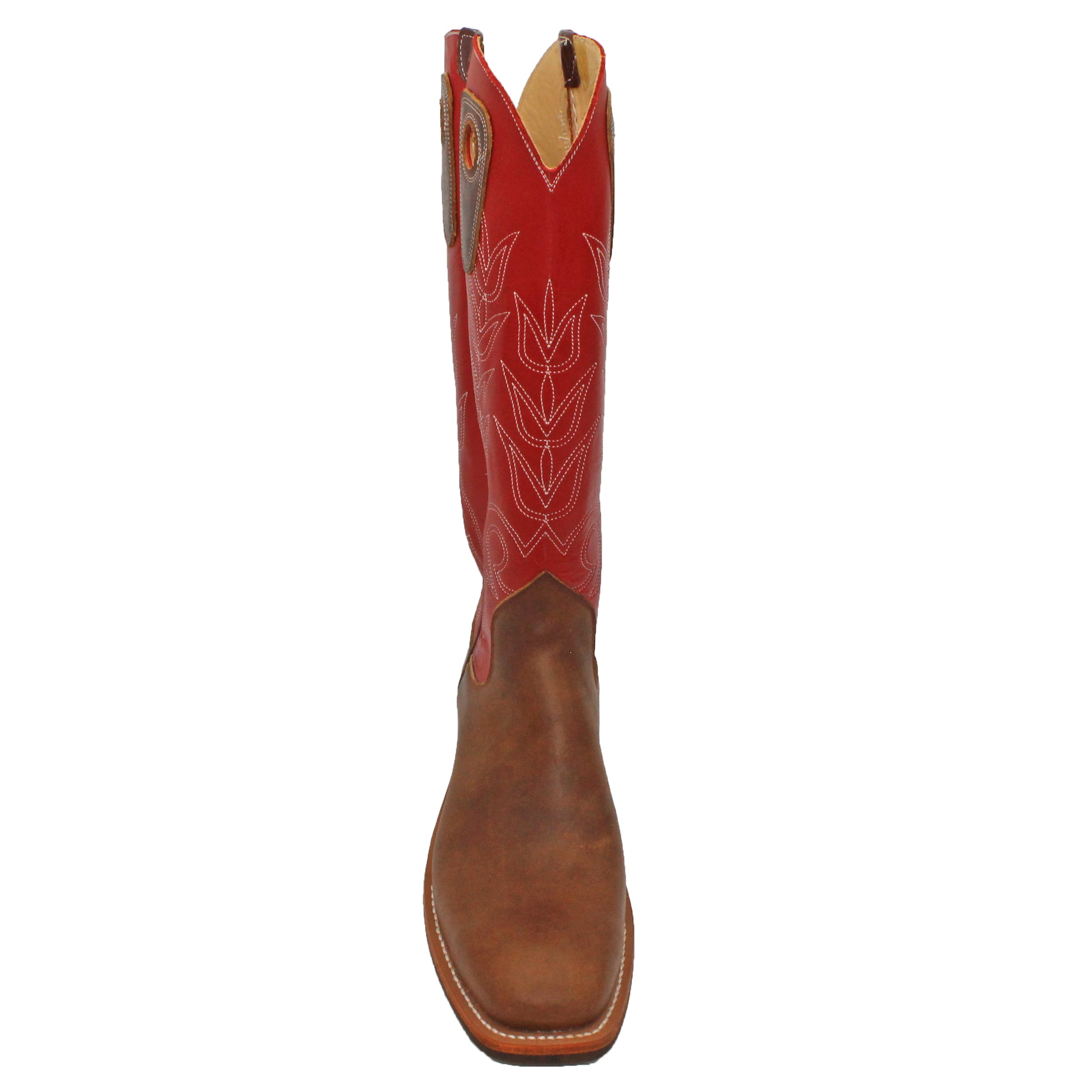 16" Red Uppers w/ Tulip Stitching
Oil Tan Steer Vamp
Wide French Square Toe
Slightly Tapered Heel