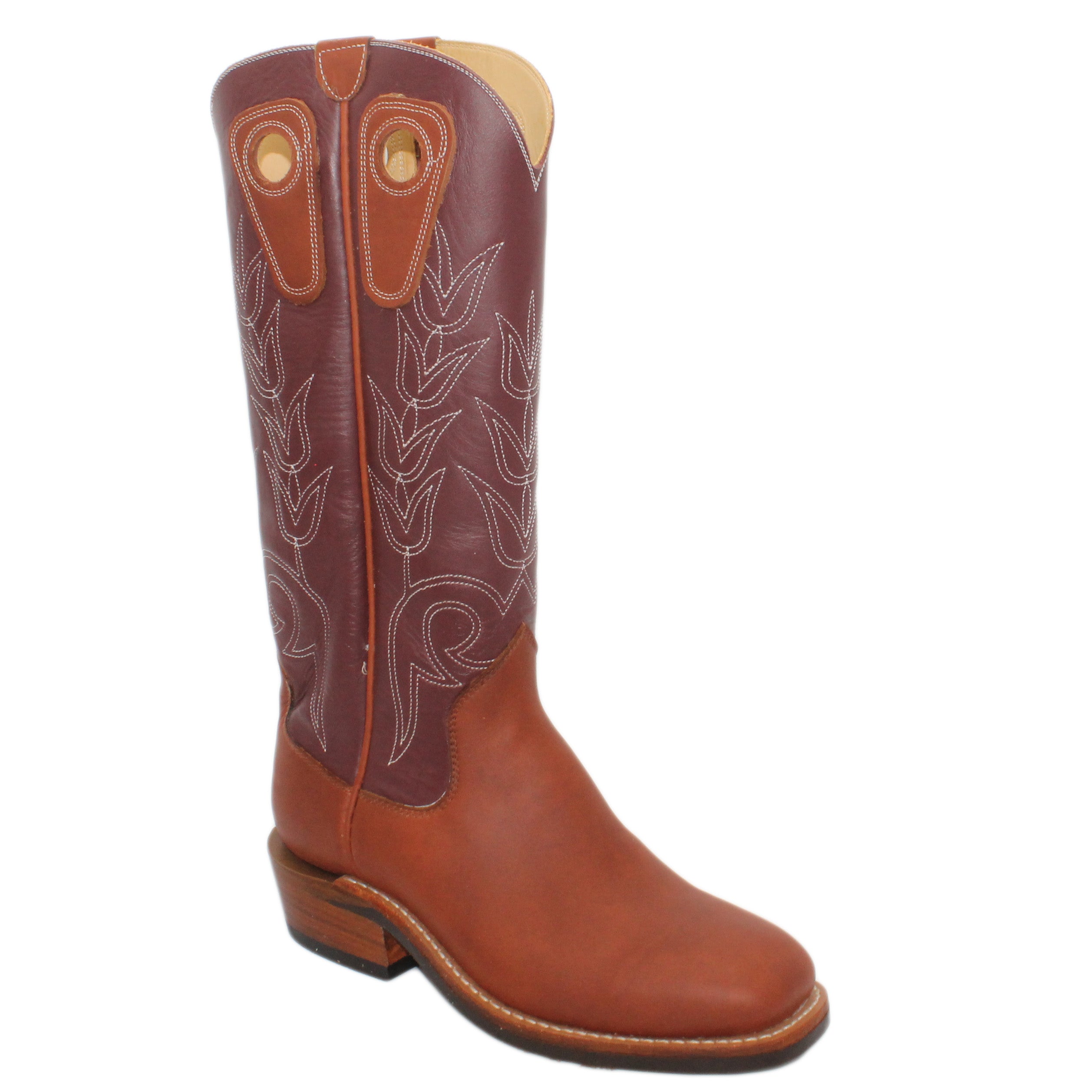 16" Wine Uppers w/ Tulip Stitching
Tan Timberjack Steer Vamp
Wide French Square Toe
Slightly Tapered Heel