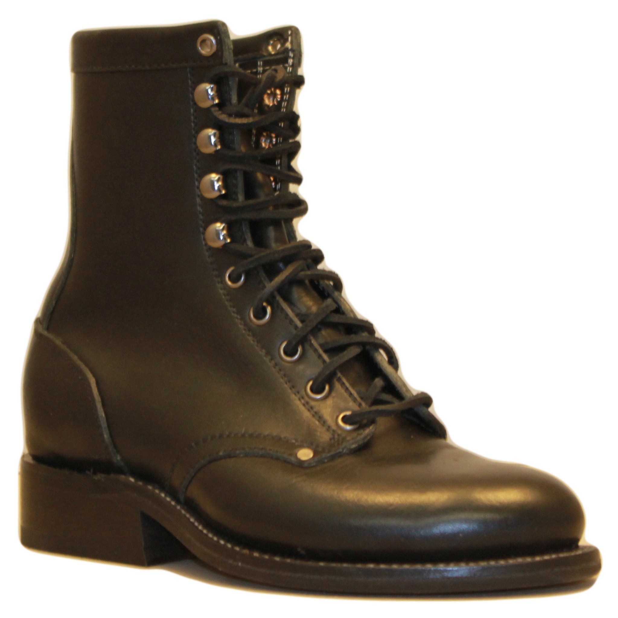 8" Lace-Up
Black Steer
Round toe
Block Heel