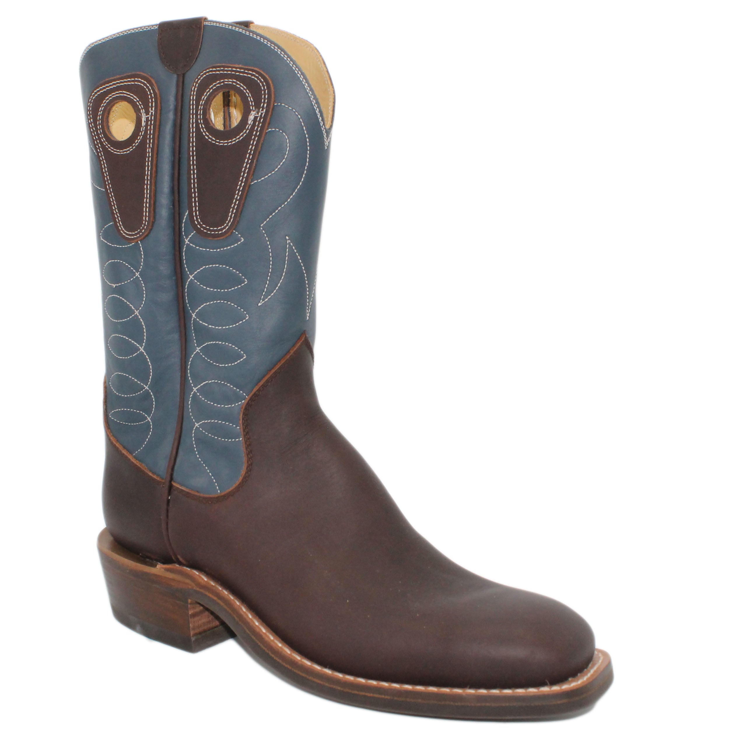 12" Blue Upper w/ Loops Stitching
Brown Timberjack Steer Vamp
Wide French Square Toe
Slightly Tapered Heel