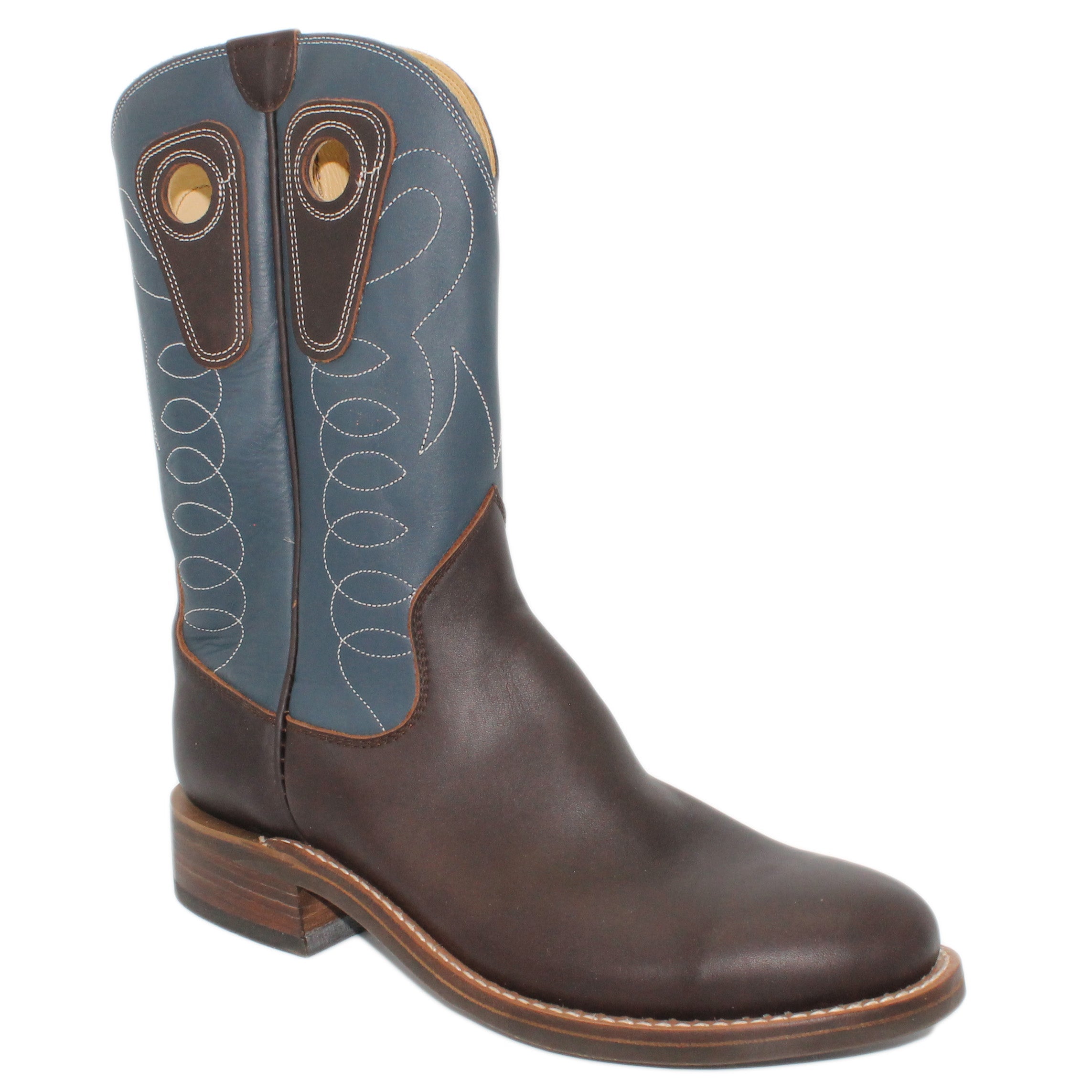 12" Blue Upper w/ Loops Stitching
Brown Timberjack Steer Vamp
Round Toe
Block Heel