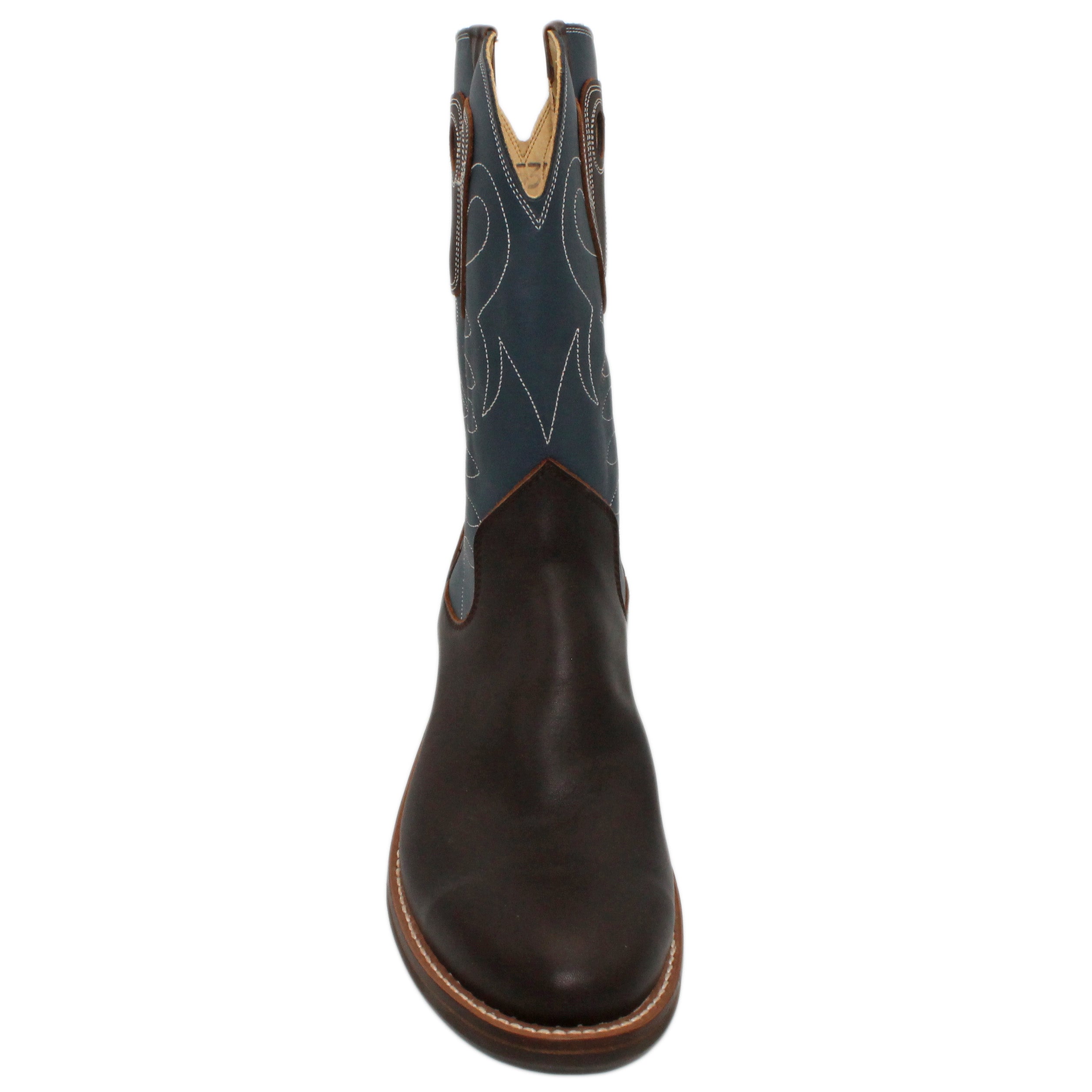 12" Blue Upper w/ Loops Stitching
Brown Timberjack Steer Vamp
Round Toe
Block Heel