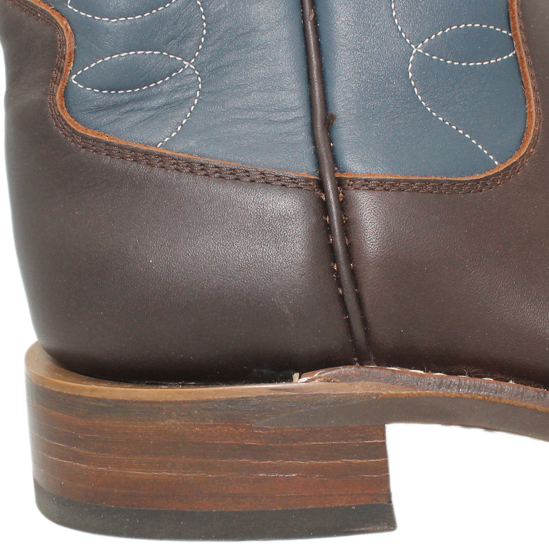 12" Blue Upper w/ Loops Stitching
Brown Timberjack Steer Vamp
Round Toe
Block Heel