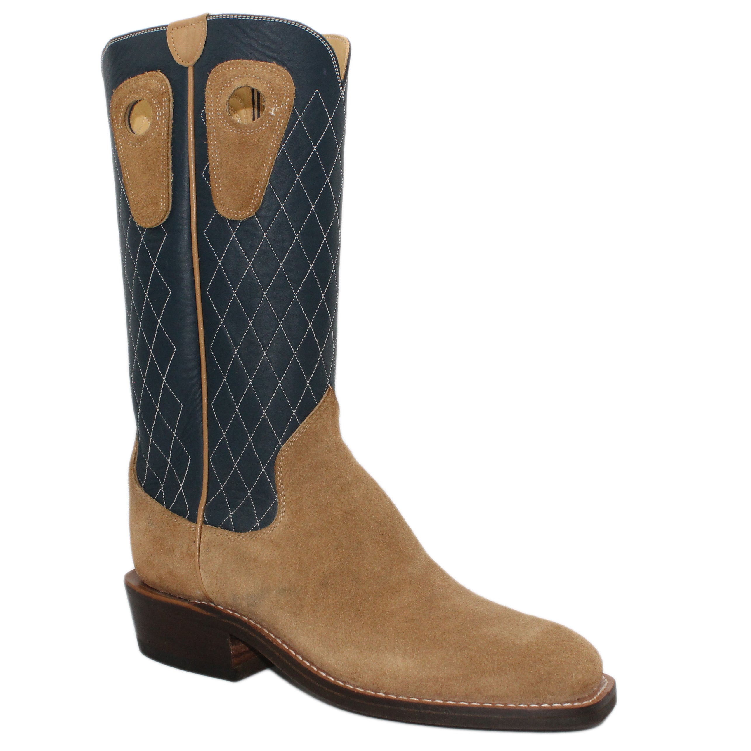 14" Blue upper w/ Diamond Stitching
Buckskin Rough Out Steer Vamp
Wide French Square Toe
Slightly Tapered Heel