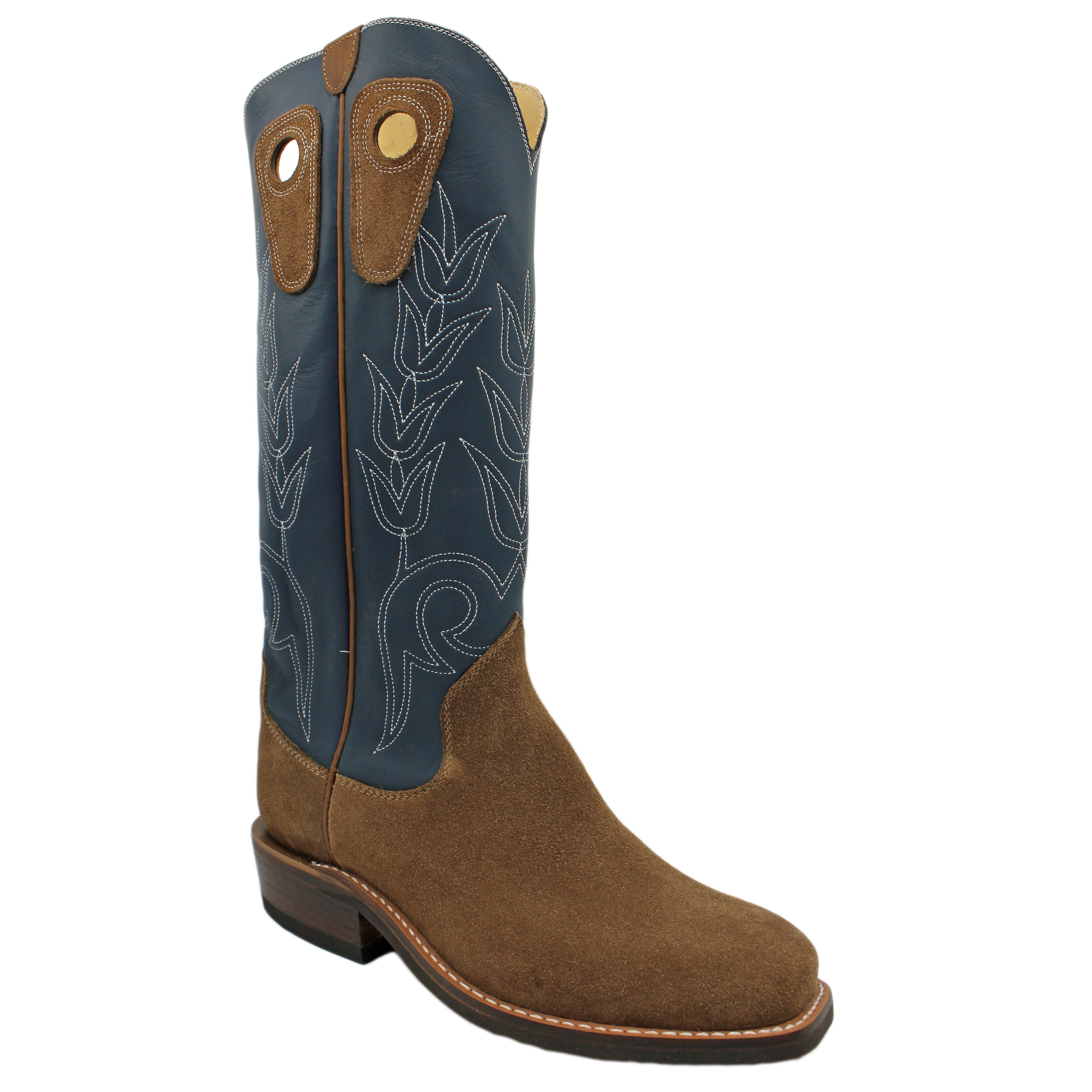 16" Blue Upper w/ Tulip Stitching
Saddle Timberjack Rough Out Steer Vamp
Wide French Square Toe
Slightly Tapered Heel