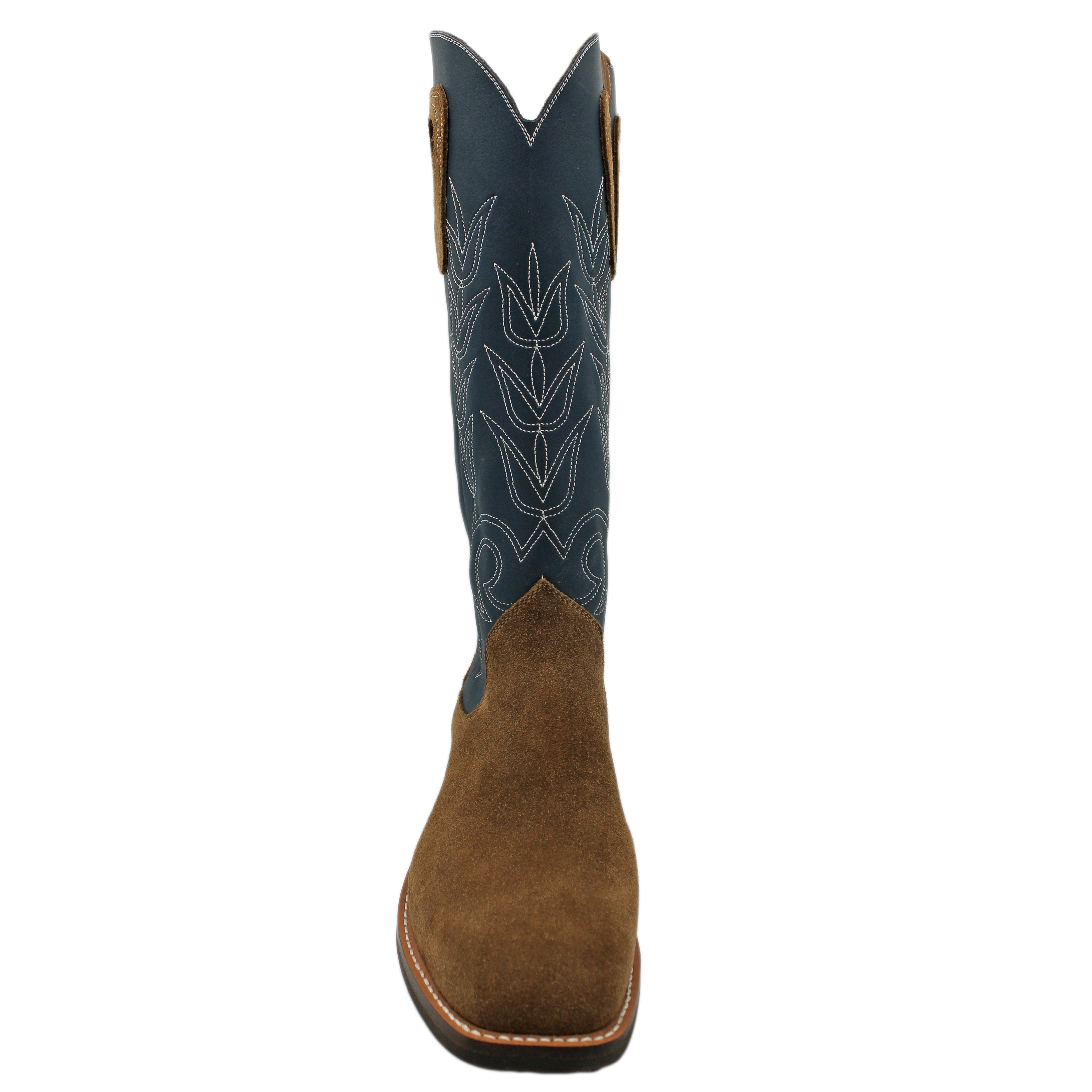 16" Blue Upper w/ Tulip Stitching
Saddle Timberjack Rough Out Steer Vamp
Wide French Square Toe
Slightly Tapered Heel