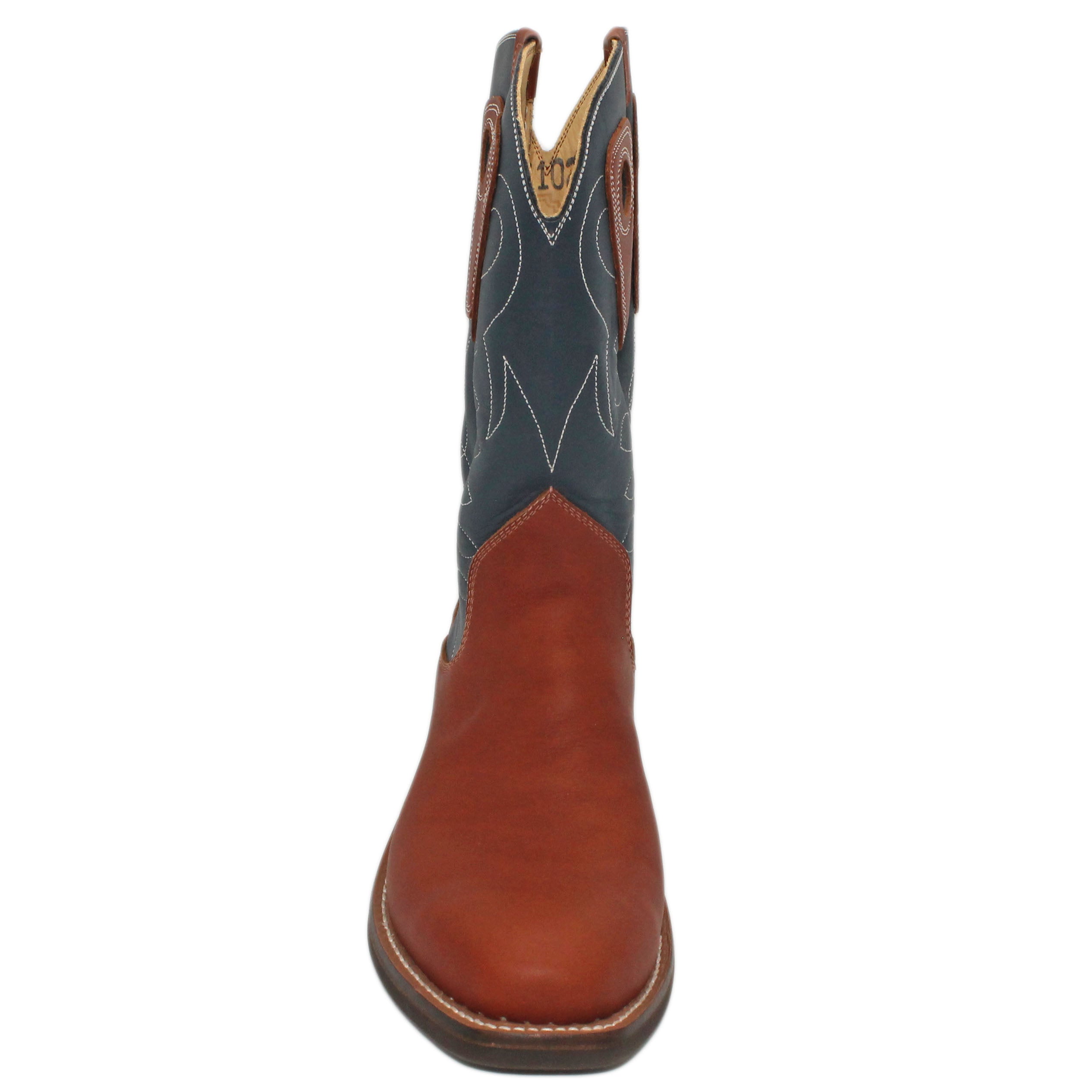 12" Blue Upper w/ Loops Stitching
Tan Timberjack Steer Vamp
Regular French Square Toe
Slightly Tapered Heel
