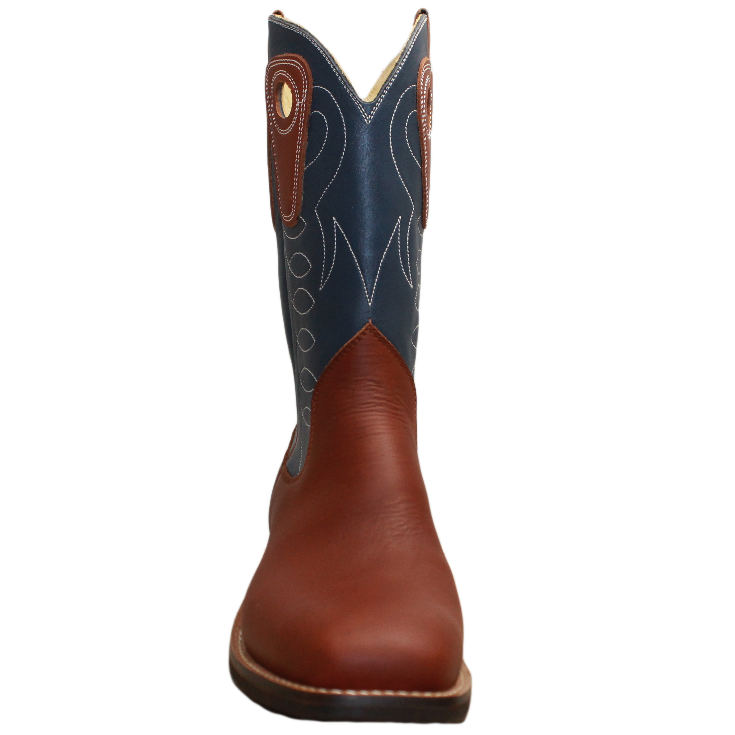 12" Blue Upper w/ Loops Stitching
Tan Timberjack Steer Vamp
Wide French Square Toe
Slightly Tapered Heel