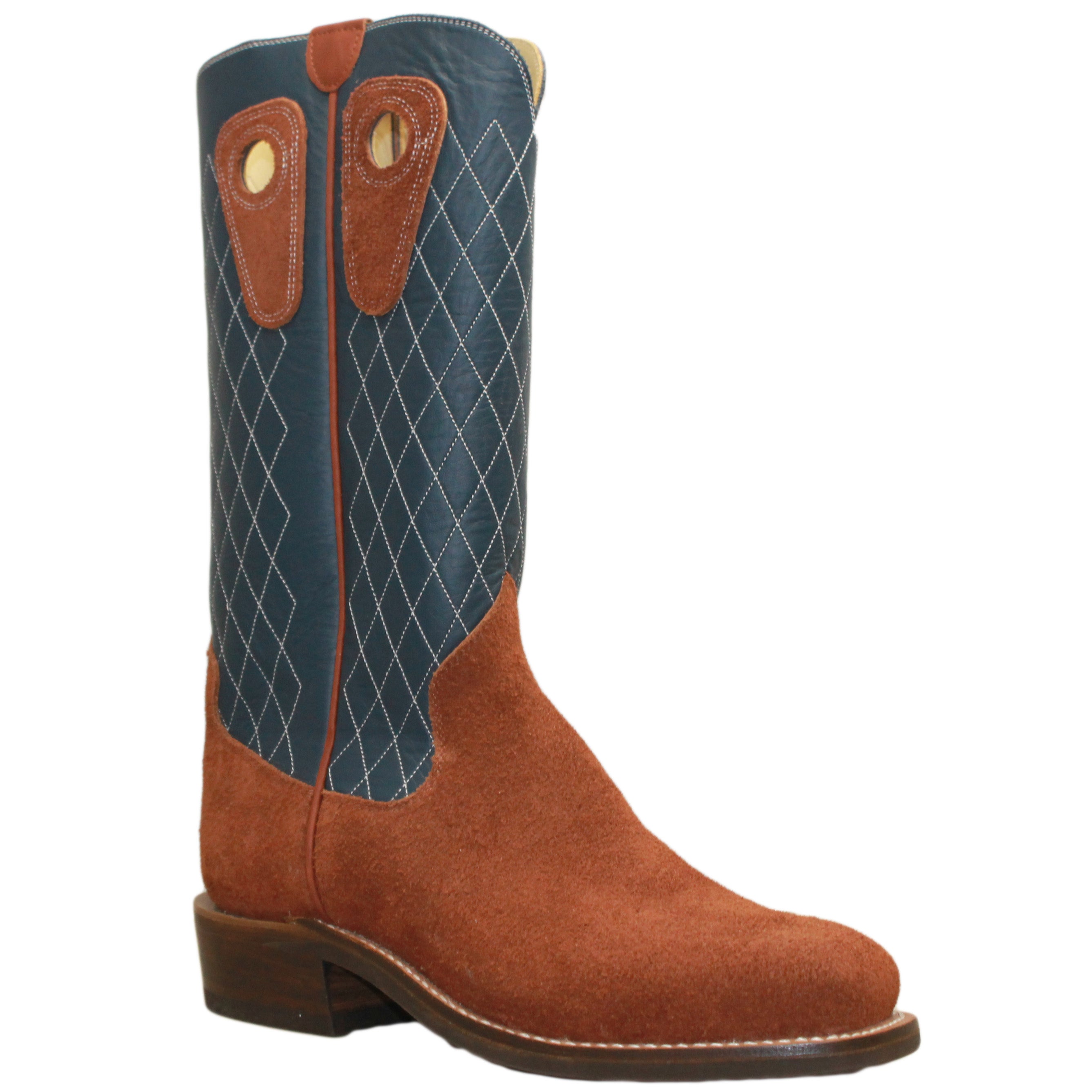 14" Blue Upper w/ Diamond Stitching
Tan Timberjack Rough Out Steer Vamp
Wide French Square Toe
Slightly Tapered Heel