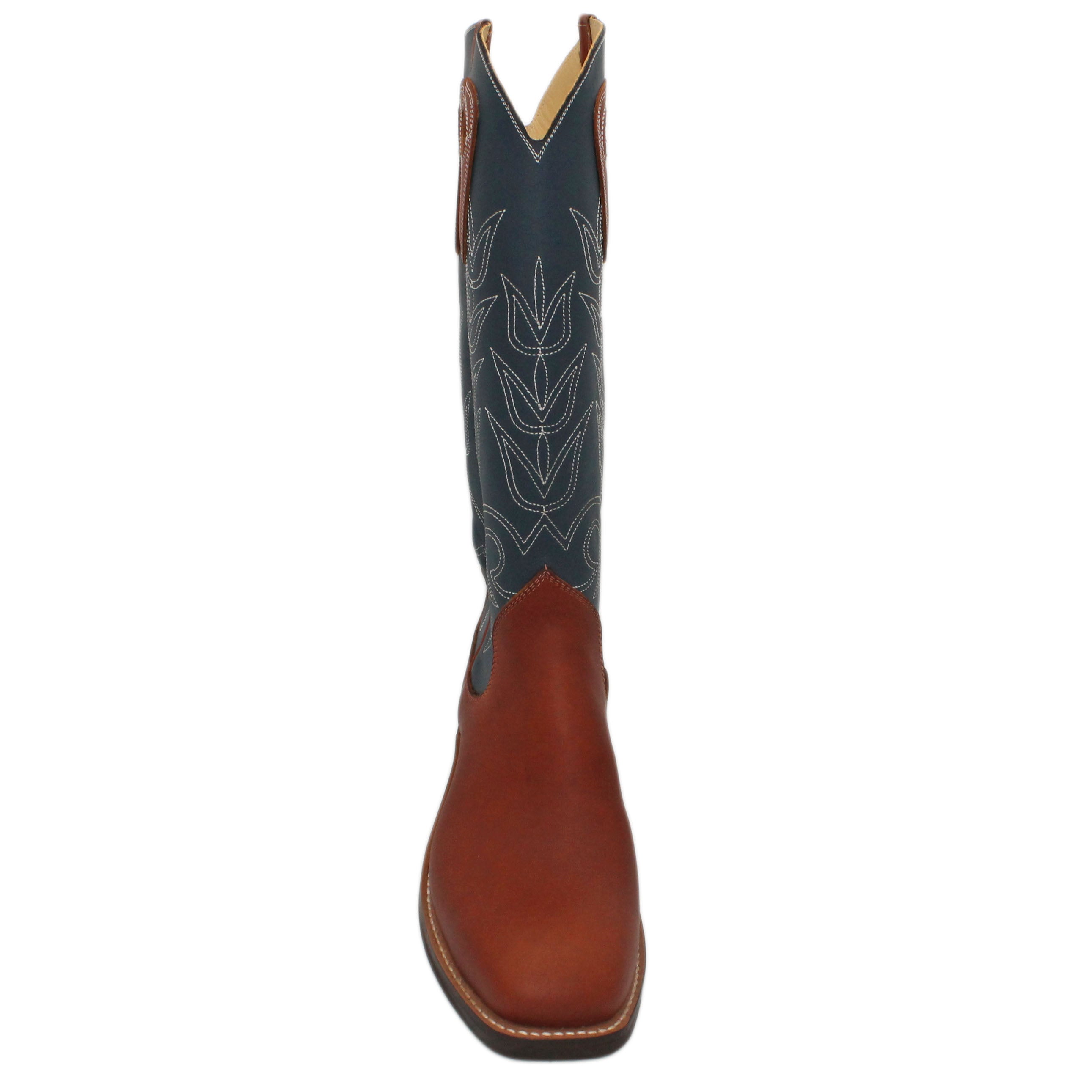 16" Blue Upper w/ Tulip Stitching
Tan Timberjack Steer Vamp
Wide French Square Toe
Slightly Tapered Heel