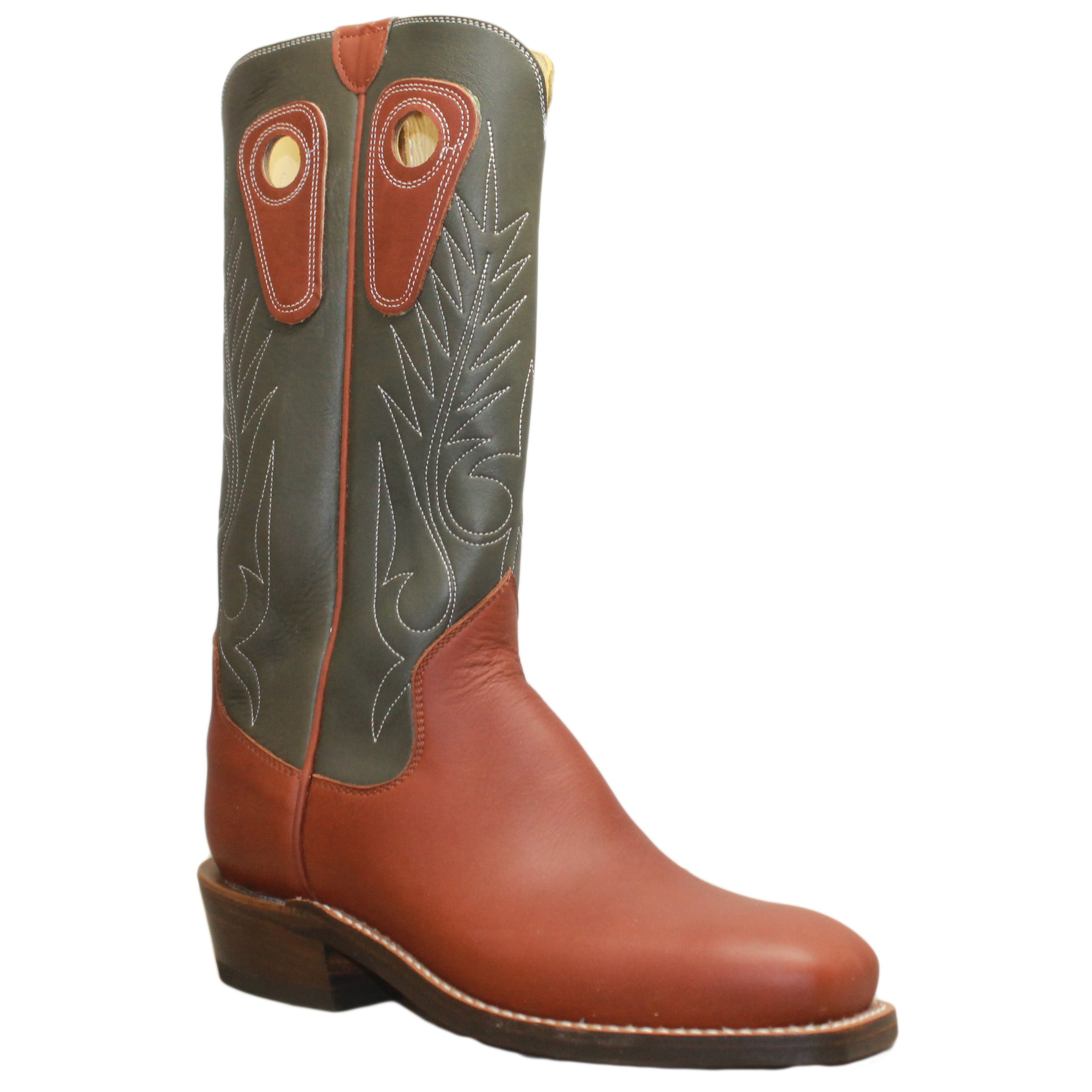 14" Forest upper w/ Beck Classic Stitching
Tan Timberjack Steer Vamp
Wide French Square Toe
Slightly Tapered Heel