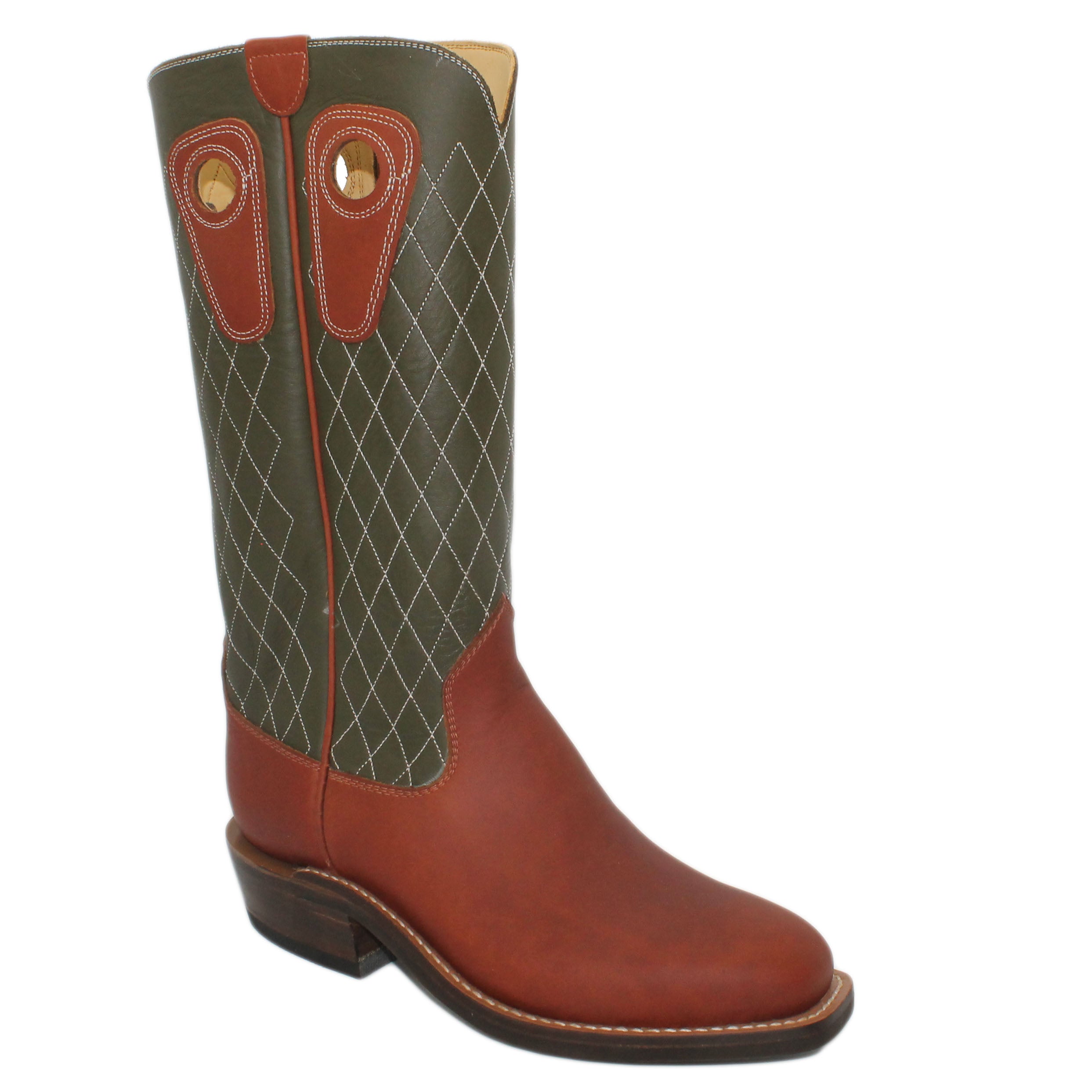 14" Forest Upper w/ Diamond Stitching
Tan Timberjack Steer Vamp
Regular French Square Toe
Slightly Tapered Heel