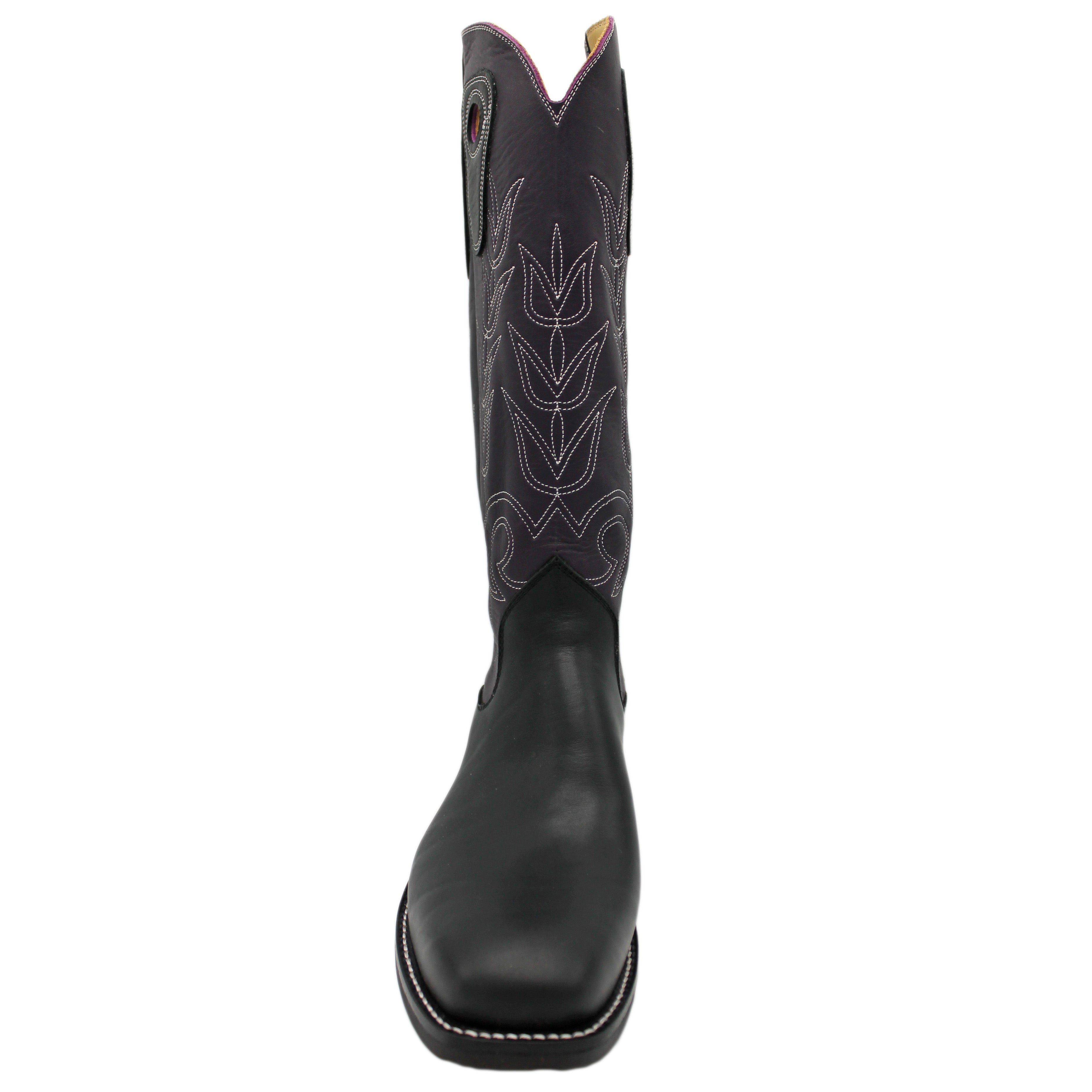 16" Purple Upper w/ Tulip Stitching
Black Steer Vamp
Wide French Square Toe
Block Heel
