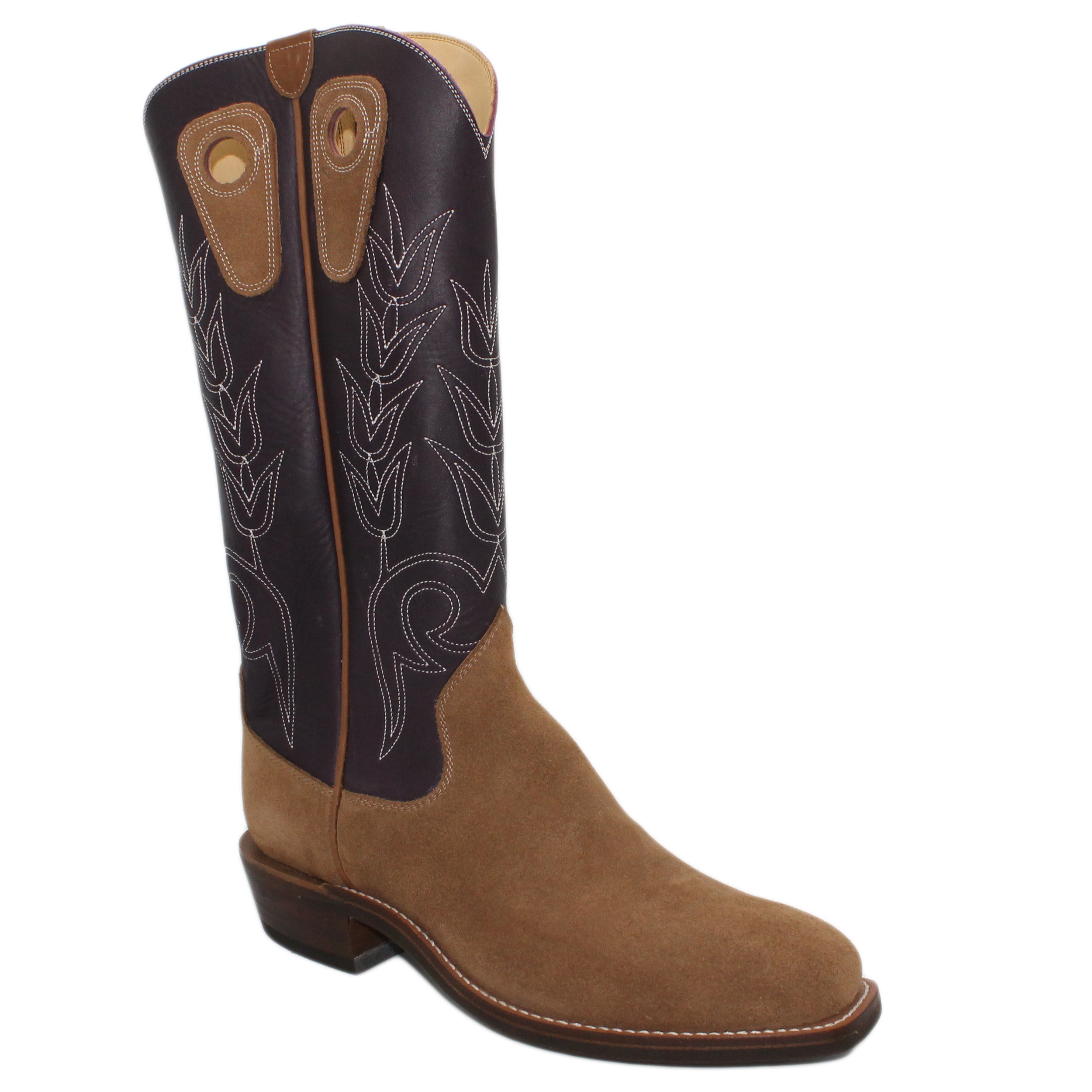 16" Purple Upper w/ Tulip Stitching
Saddle Timberjack Rough Out Steer Vamp
Regular French Square Toe
Slightly Tapered Heel