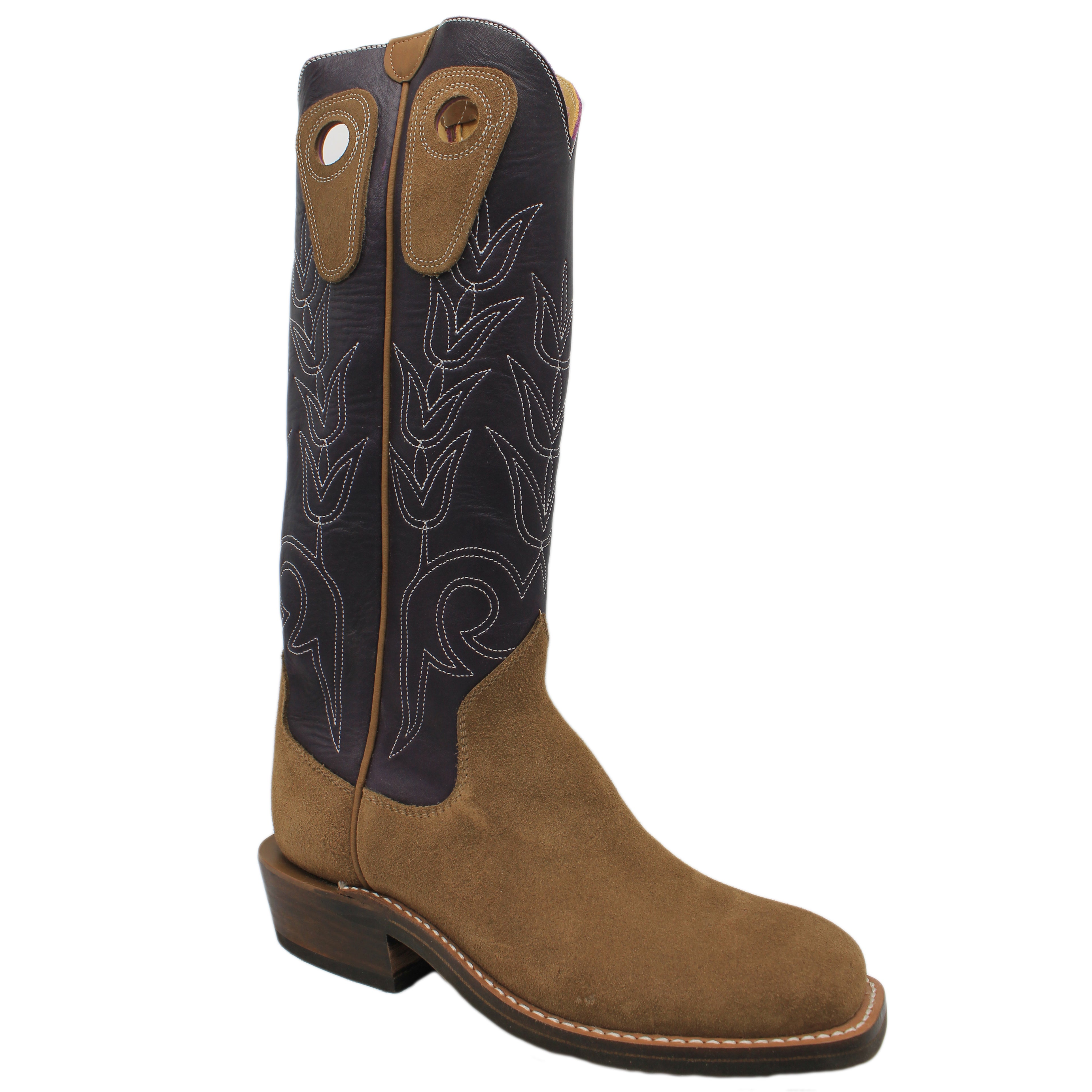 16" Purple Upper w/ Tulip Stitching
Saddle Timberjack Rough Out Steer Vamp
Wide French Square Toe
Slightly Tapered Heel
