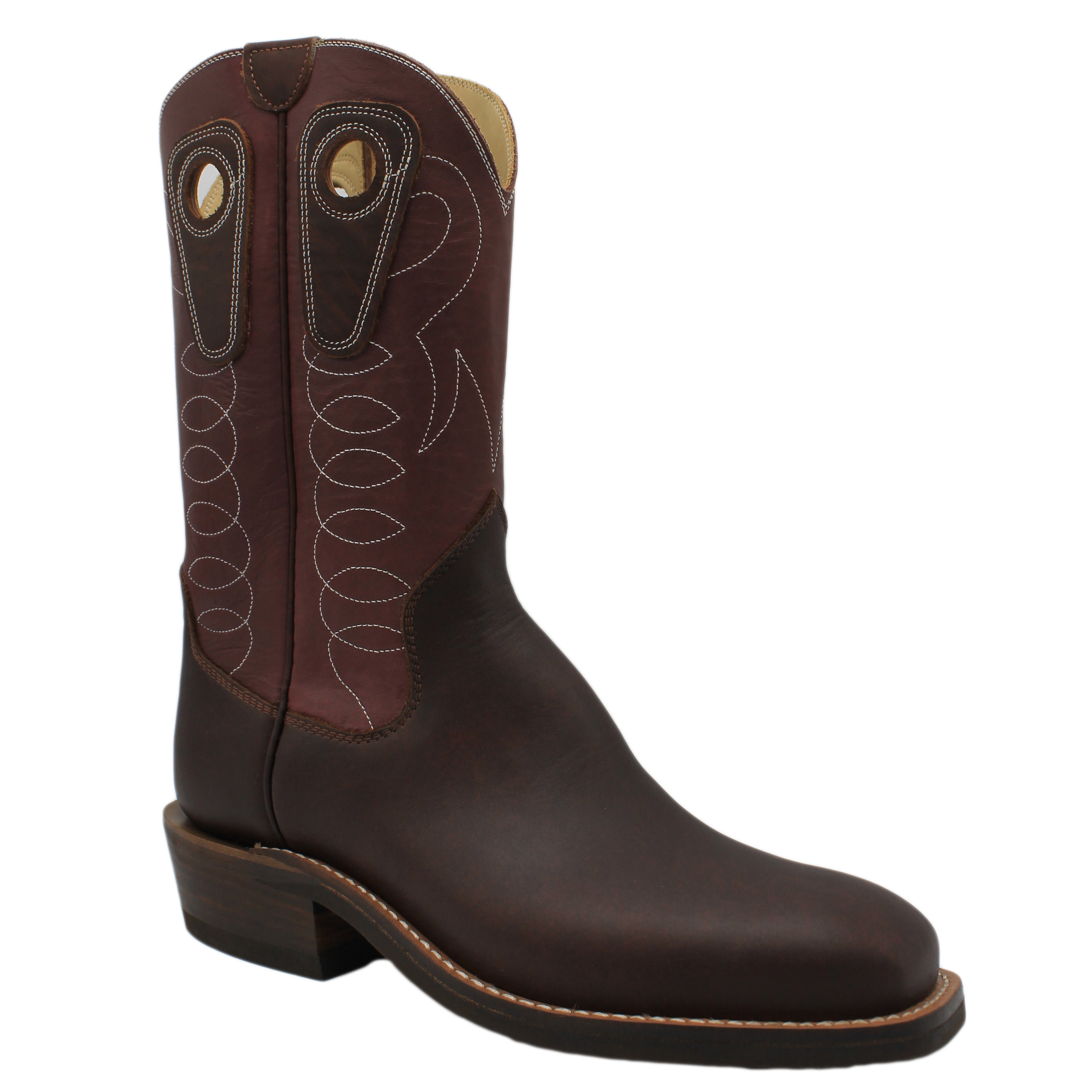 12" Wine Upper w/ Loops Stitching
Brown Timberjack Steer Vamp
Wide French Square Toe
Underslung Heel