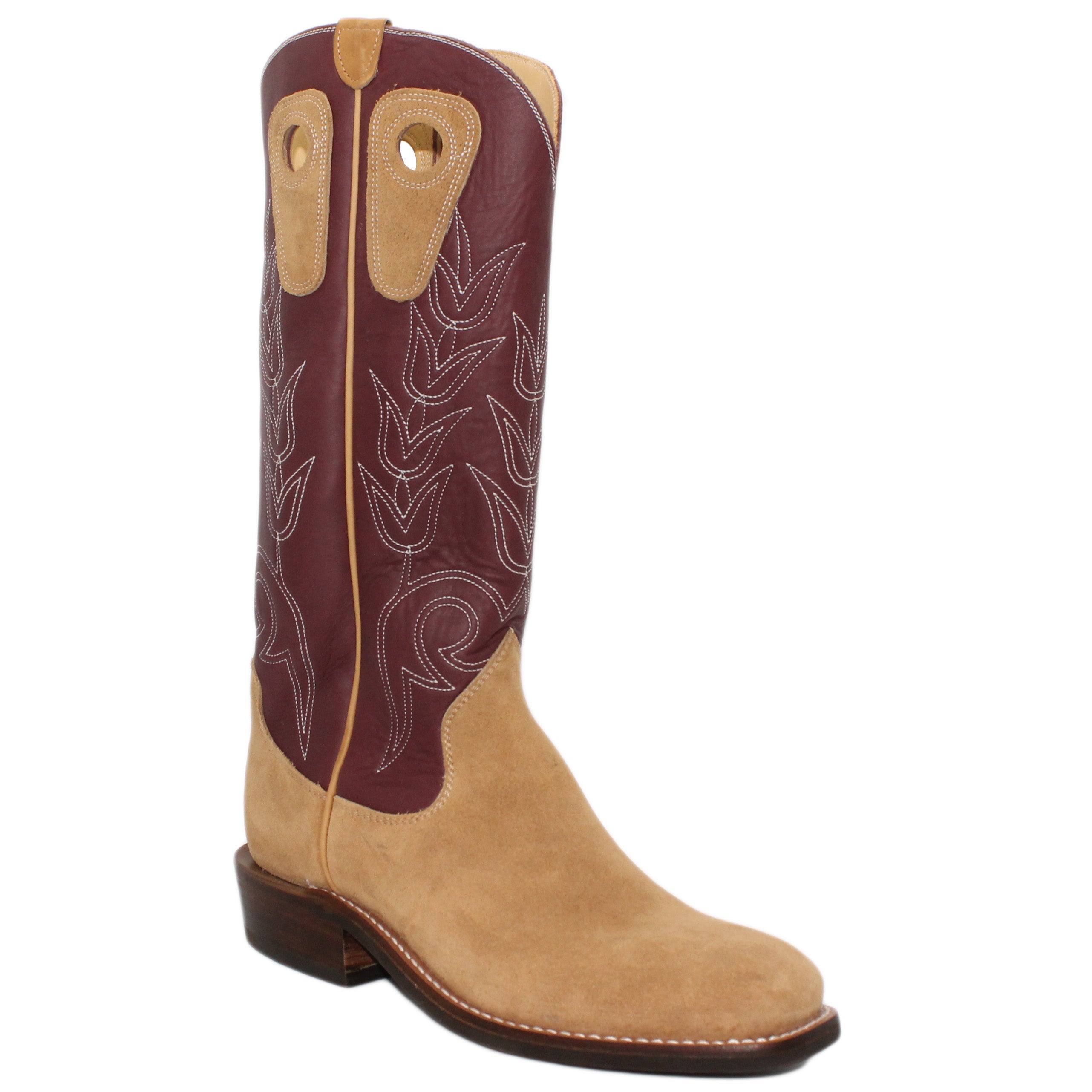 16" Wine Uppers w/ Tulip Stitching
Buckskin Rough Out Steer Vamp
Wide French Square Toe
Slightly Tapered Heel