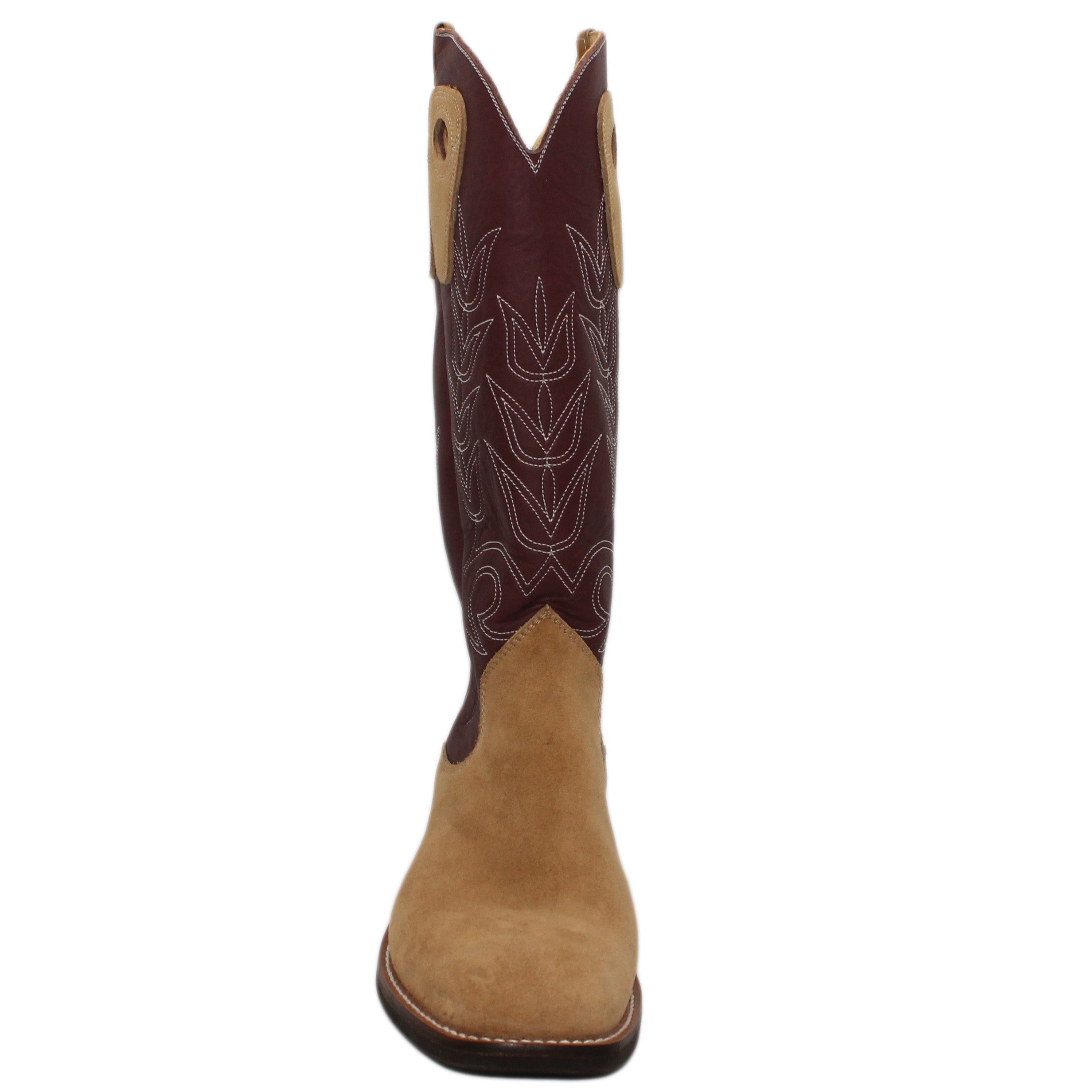16" Wine Uppers w/ Tulip Stitching
Buckskin Rough Out Steer Vamp
Wide French Square Toe
Slightly Tapered Heel
