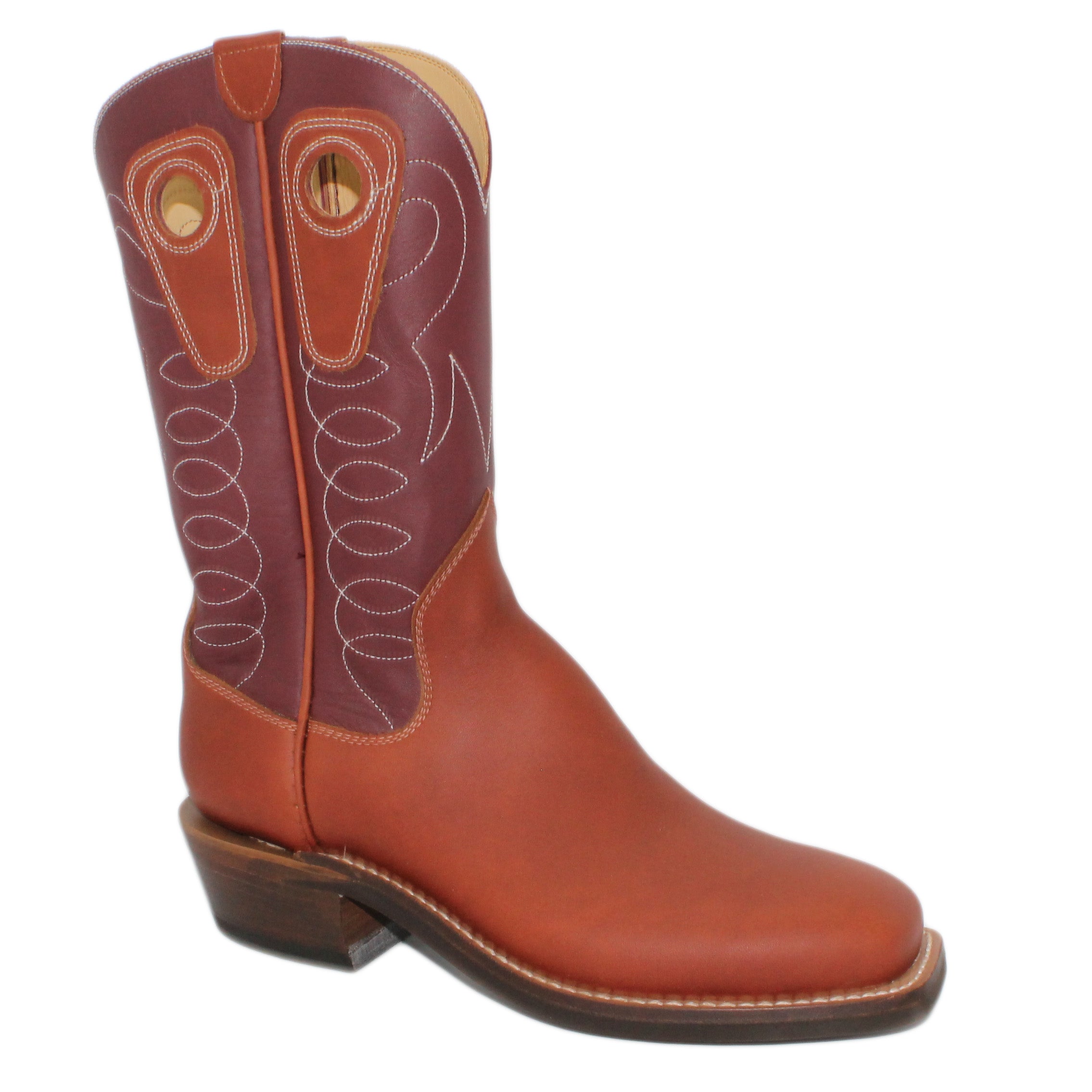 12" Wine Upper w/ Loops Stitching
Tan Timberjack Steer Vamp
Wide French Square Toe
Slightly Tapered Heel